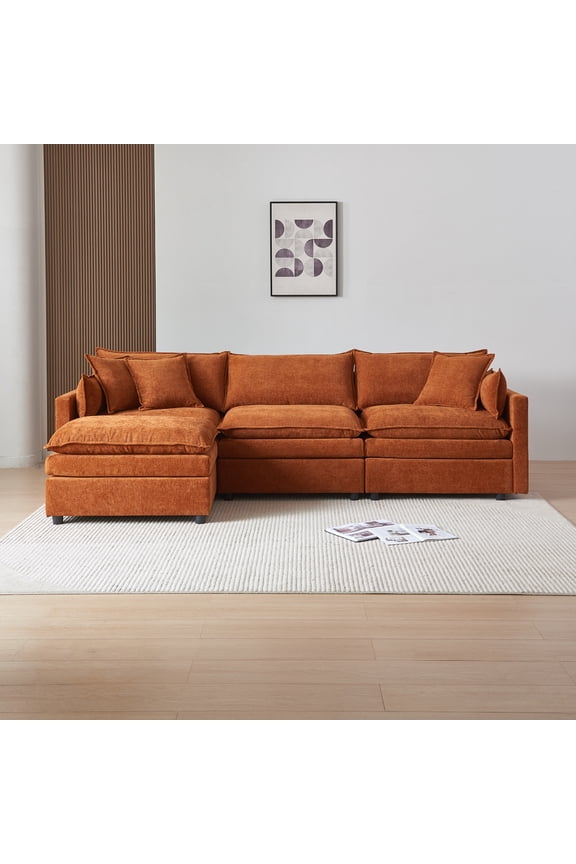 108 Inch Orange Chenille L-Shaped Modular Sectional Sofa with Ottoman
