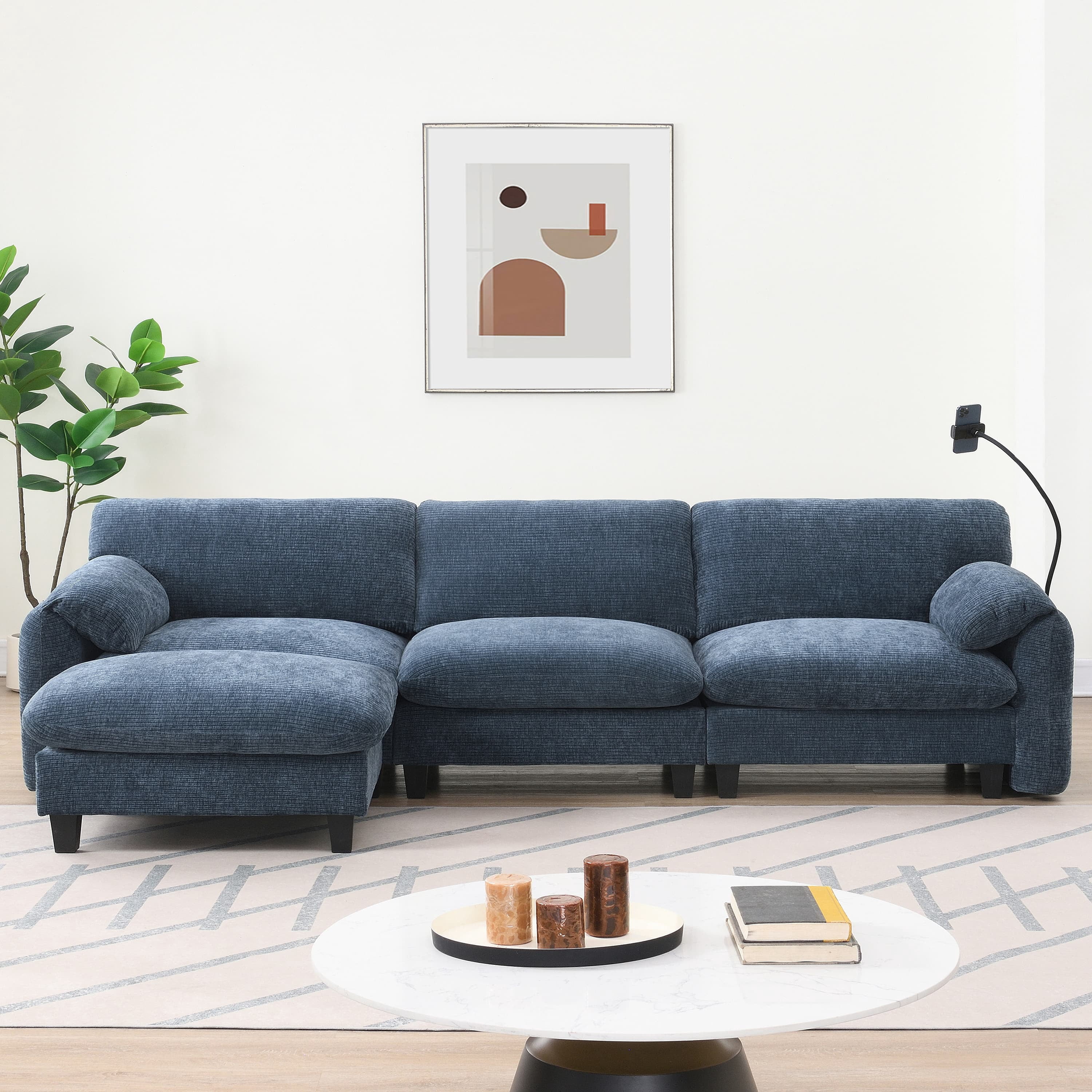 MAYEERTY 108" L-Shaped Modular Sectional Sofa with Wide Seat, USB/Type-C Charger & Ottoman, Striped Chenille