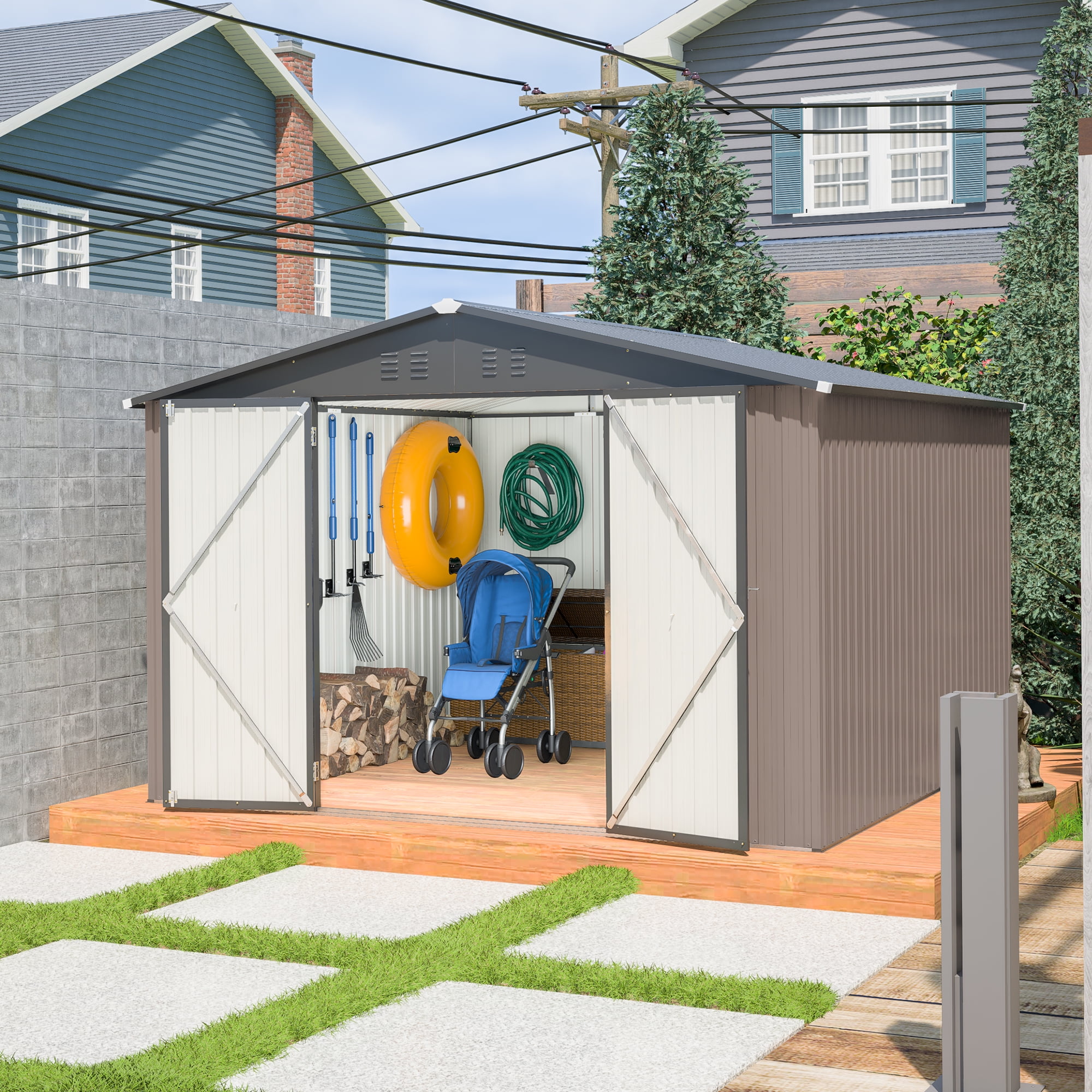 MAYEERTY 10x10FT Outdoor Metal Storage Shed, Galvanized Steel Tool Shed with Lockable Doors & Ventilation, All-Weather Waterproof Organizer for Backyard, Garden & Patio