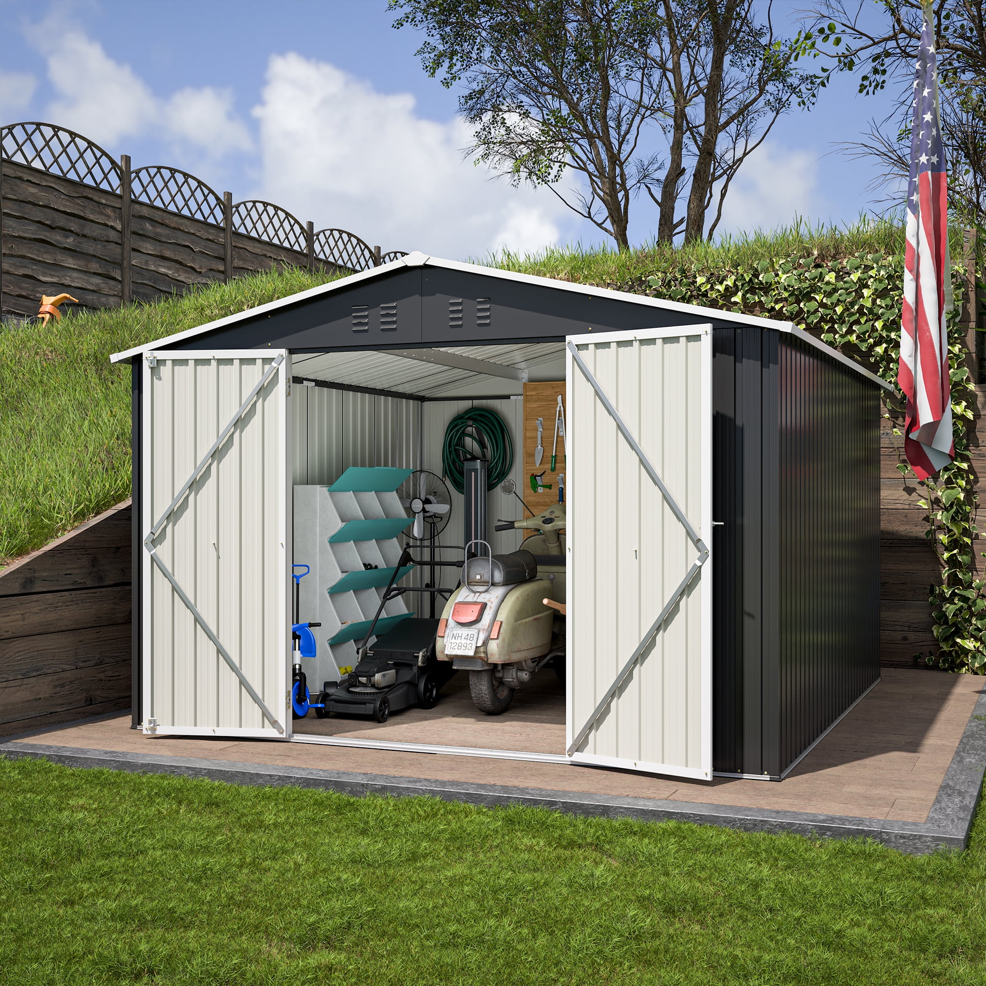 MAYEERTY 10x10FT Outdoor Utility Metal Storage Shed, Reinforced Frame & Ventilated Design, Lockable Waterproof Tool Shed for Backyard, Garden & Patio