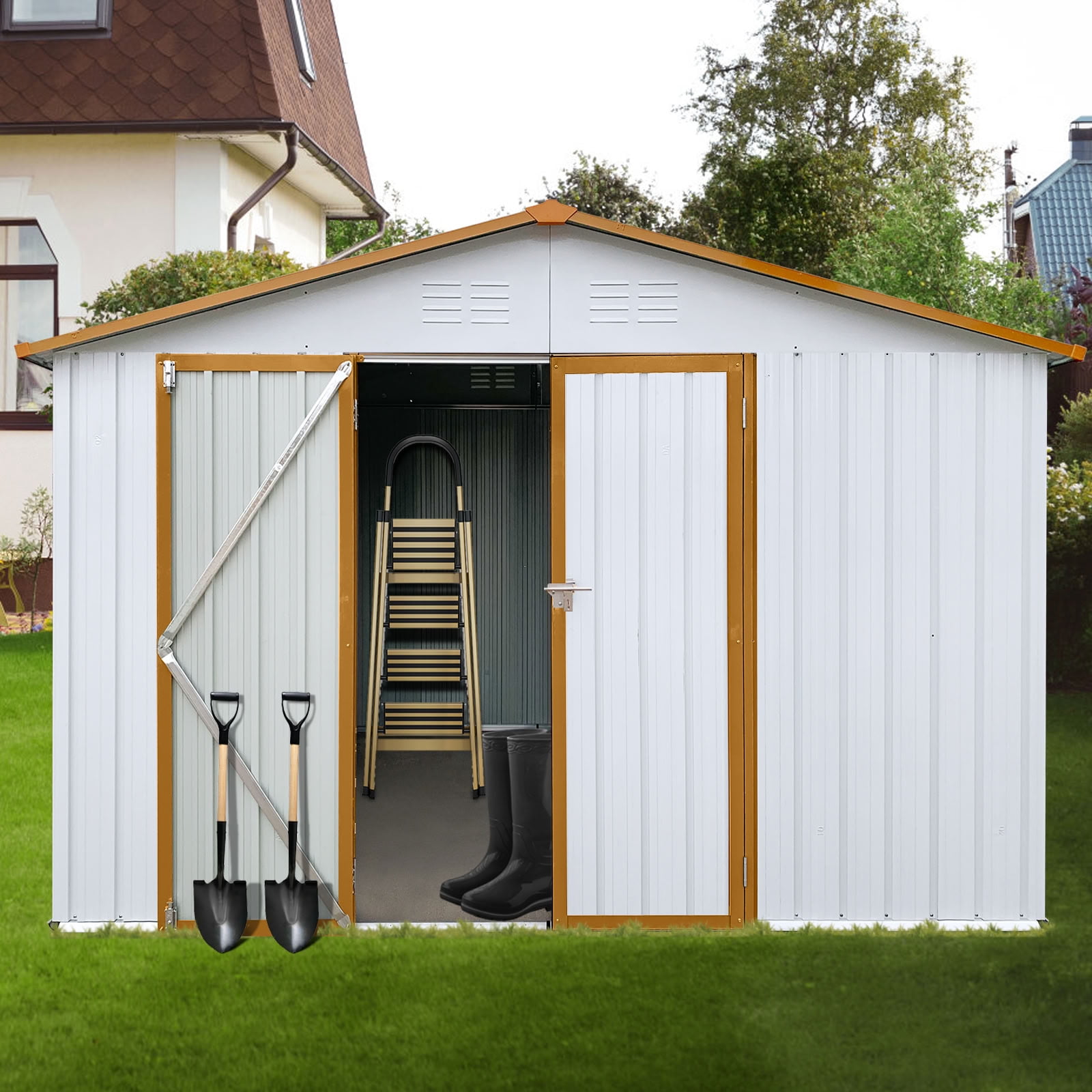 MAYEERTY 10x12 FT Outdoor Storage Shed, Galvanized Steel Garden Shed with Hinged Lockable Door, Vents, for Backyard, Patio & Lawn (No Floor Included)