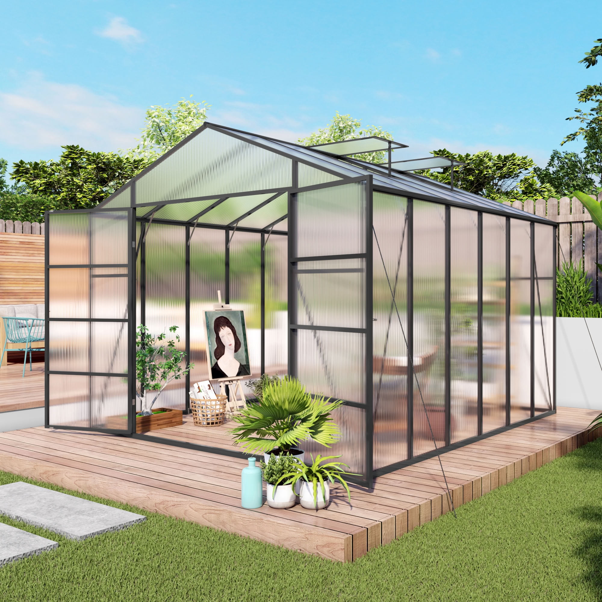 MAYEERTY 10x12 FT Walk-in Greenhouse with Raised Base & Anchors, All-Season Windproof Greenhouse with Drainage System for Backyard, Garden & Patio