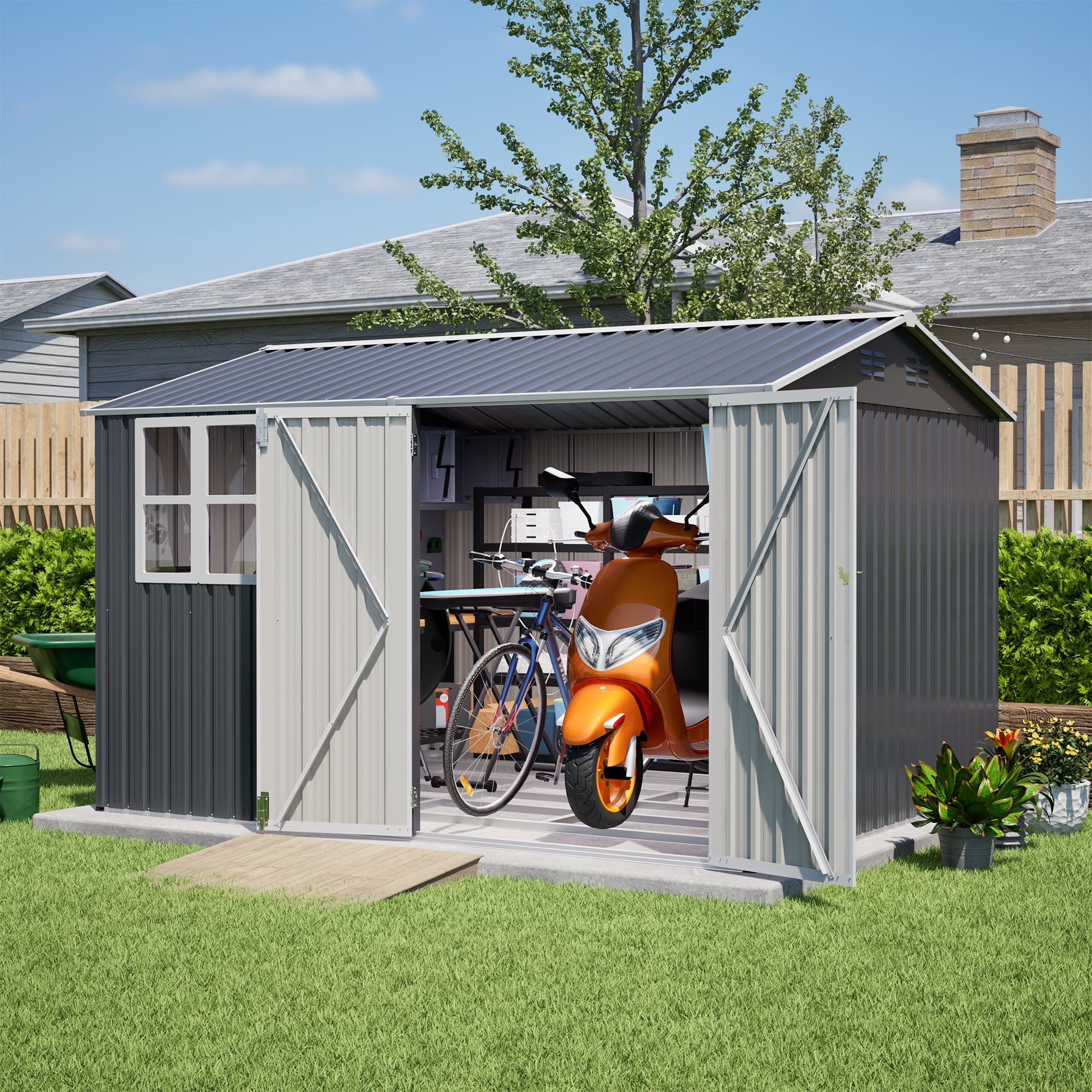 MAYEERTY 10x12FT Large Outdoor Metal Storage Shed, Galvanized Steel Tool Shed with Double Doors & Sloped Roof, All-Weather Organizer for Backyard, Garden & Patio
