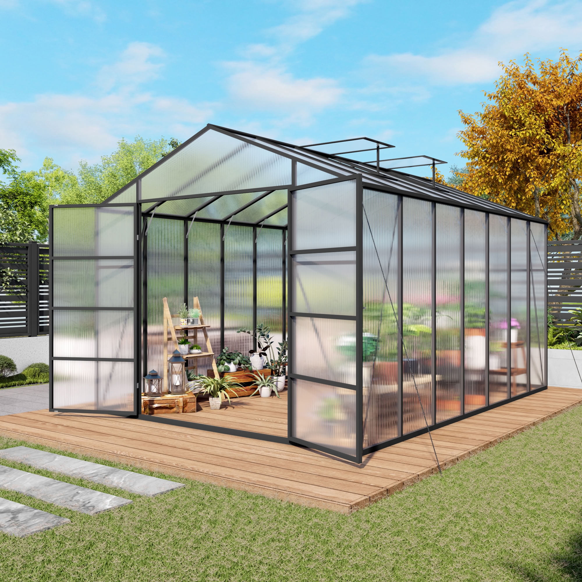 MAYEERTY 10x14 FT Walk-in Greenhouse with Aluminum Frame, All-Season Windproof Greenhouse with Drainage for Backyard, Garden & Patio