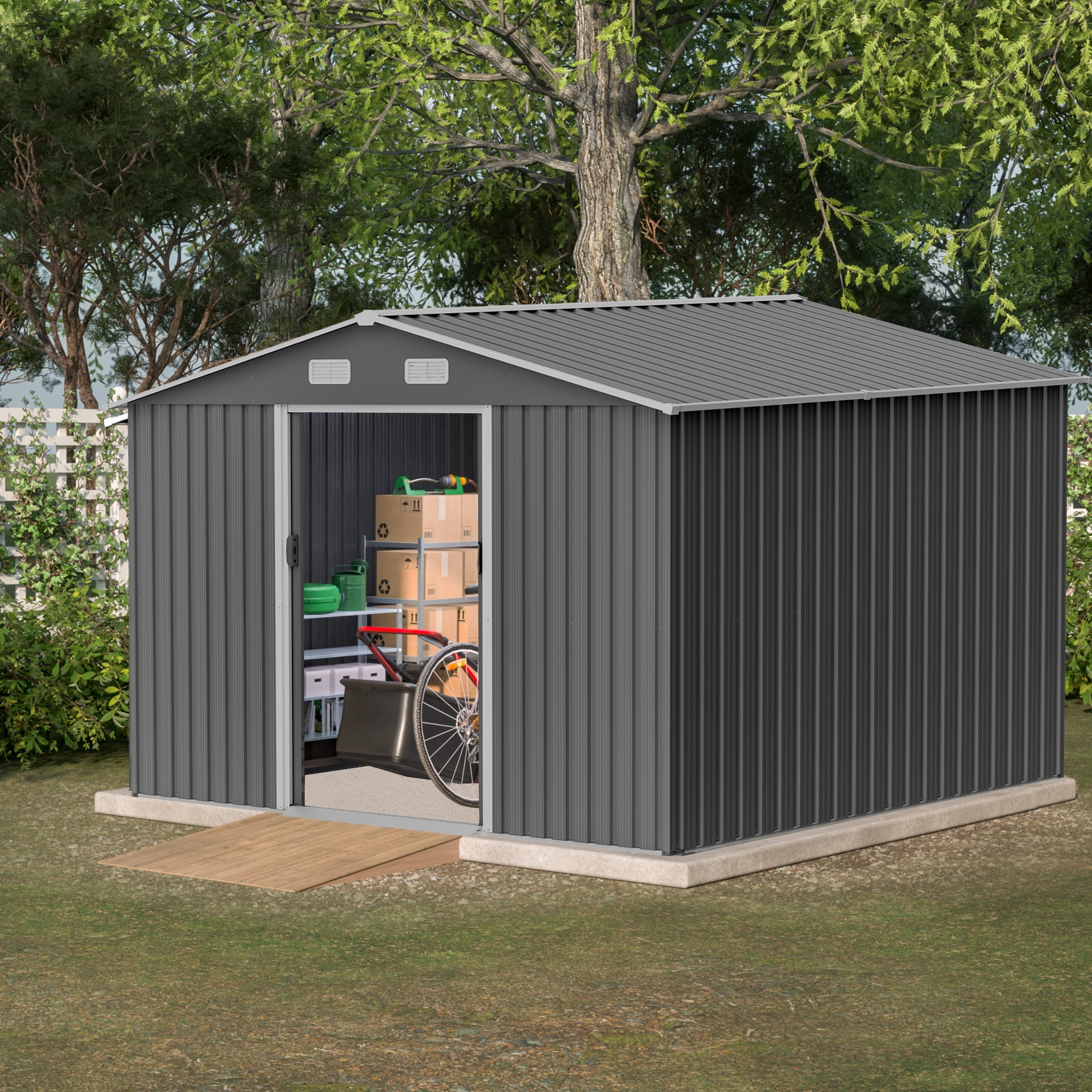 MAYEERTY 10x8FT Outdoor Storage Shed, All-Weather Metal Tool Shed with Lockable Doors & Ventilated, for Bikes & Lawn Equipment