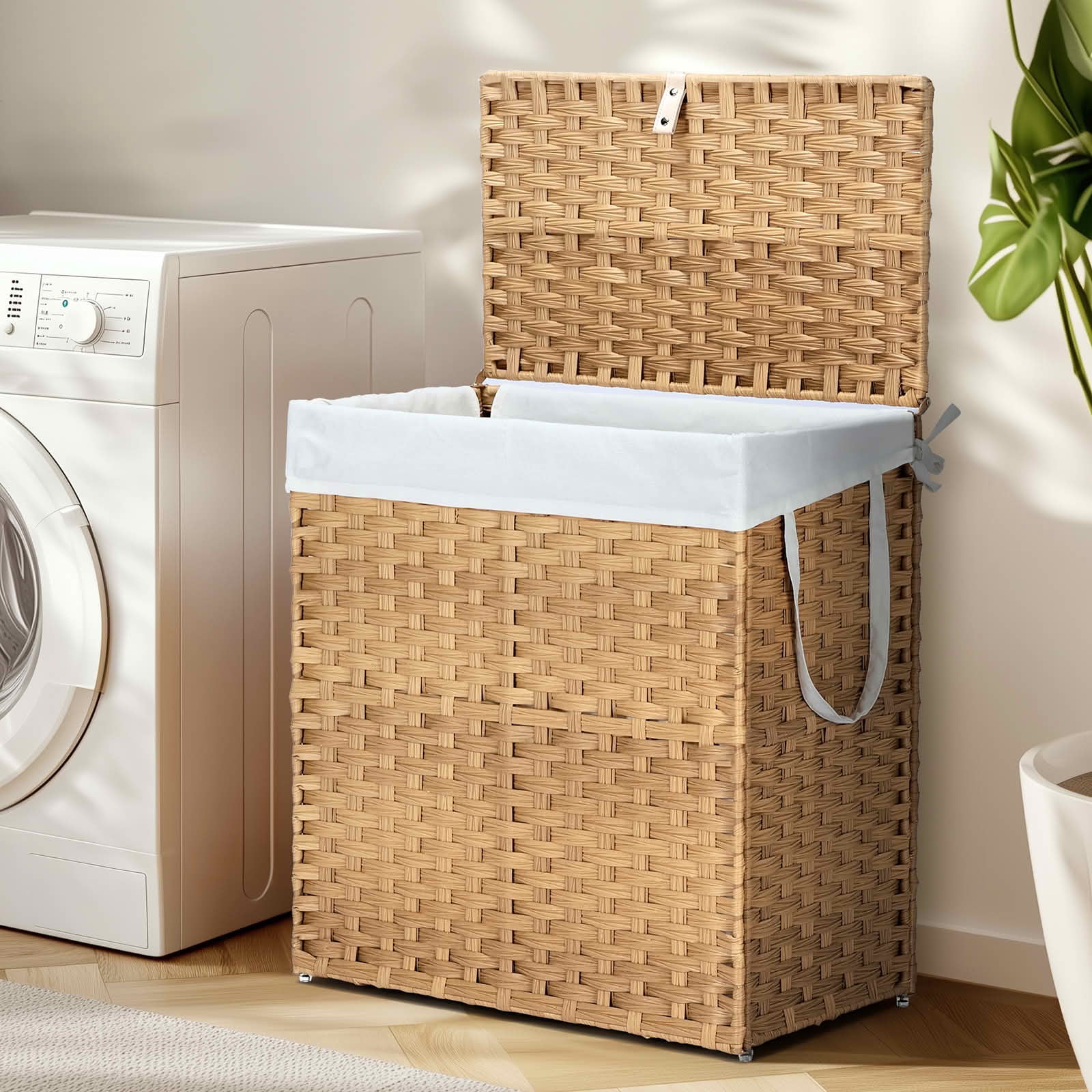 MAYEERTY 110L Hand-Woven PP Rattan Laundry Basket with Lid, Foldable with Compartments Handles