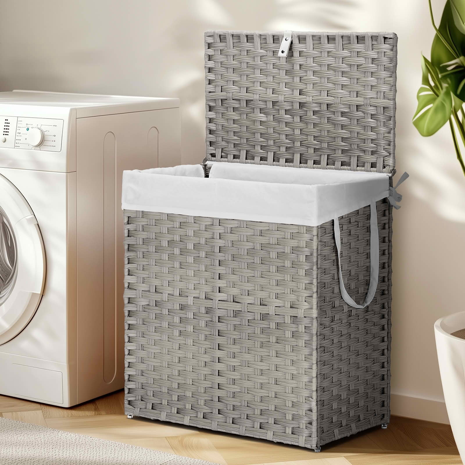 MAYEERTY 110L Hand-Woven PP Rattan Laundry Basket with Lid, Foldable with Compartments Handles
