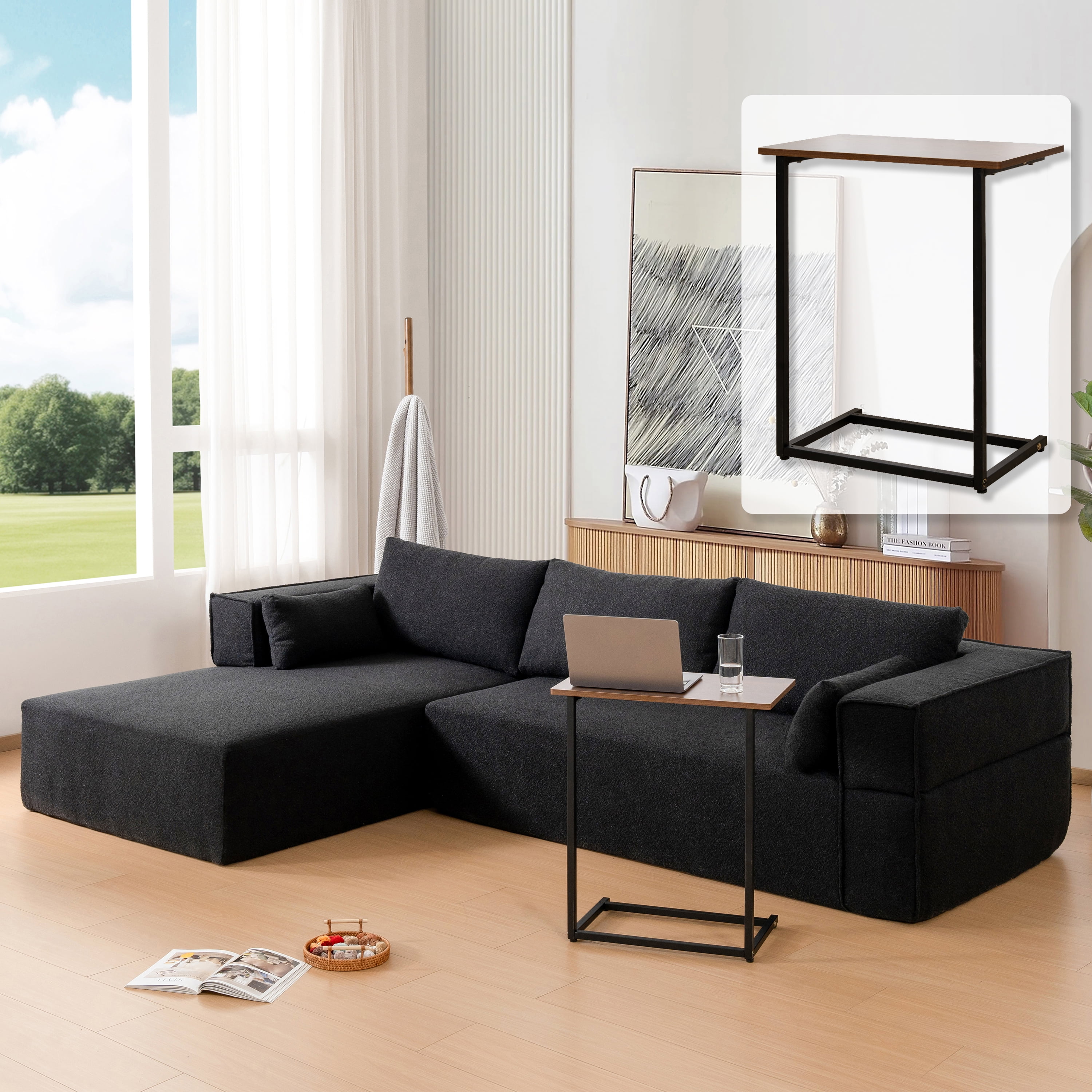 MAYEERTY 112" L-Shaped Modular Boucle Sectional Sofa with Side Table, Wrinkle-Resistant, No Assembly, 3 Colors