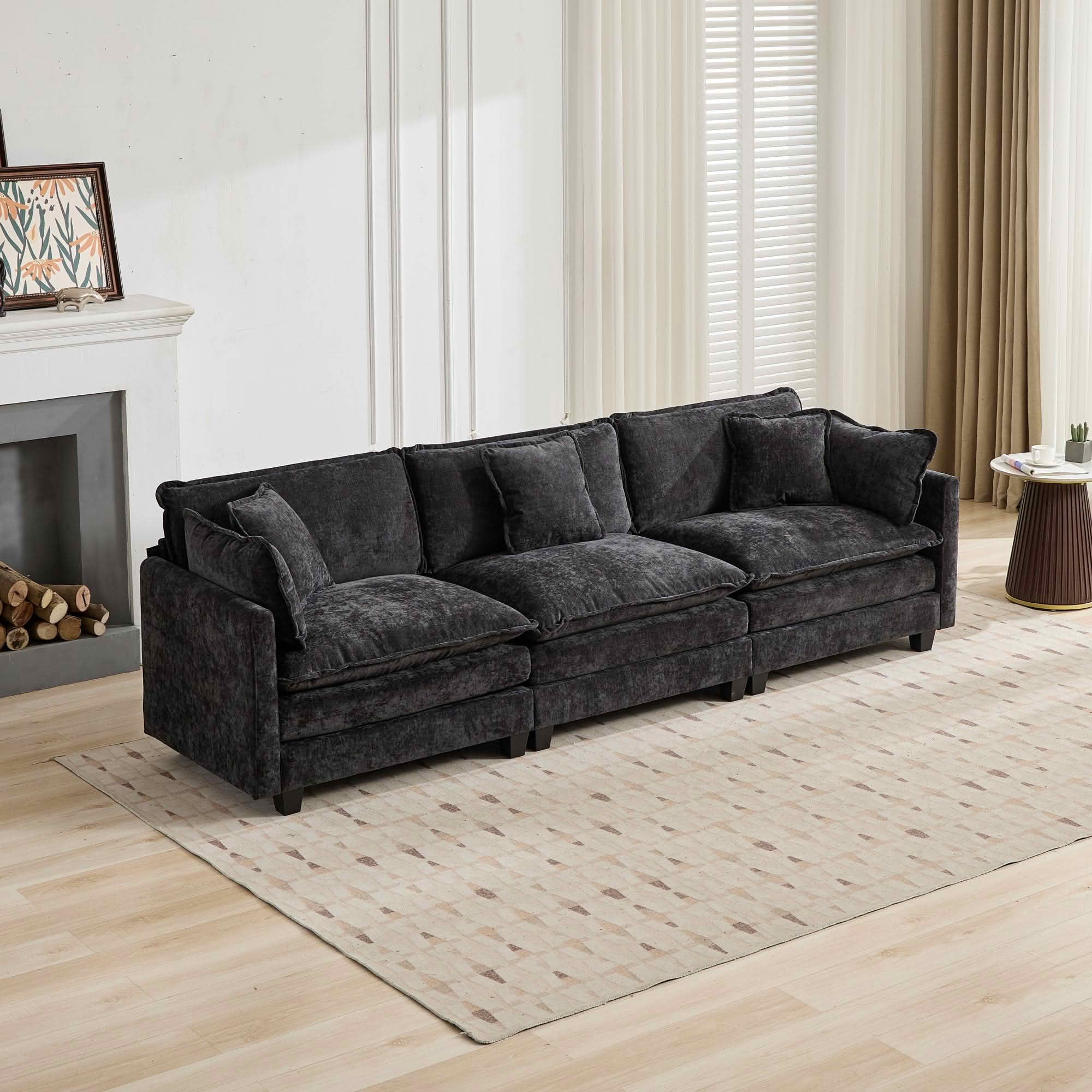 MAYEERTY 113.8 Inch Cloud 3‑Seater Modular Sectional Sofa, Chenille Couch with Double‑Layer Seat Cushion for Home Apartment, Ottoman Not Included