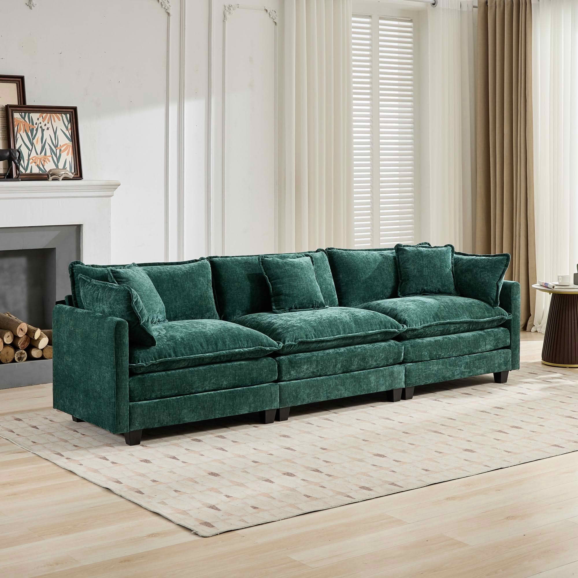 MAYEERTY 113.8 Inch Cloud 3‑Seater Modular Sectional Sofa, Chenille Couch with Double‑Layer Seat Cushion for Home Apartment, Ottoman Not Included
