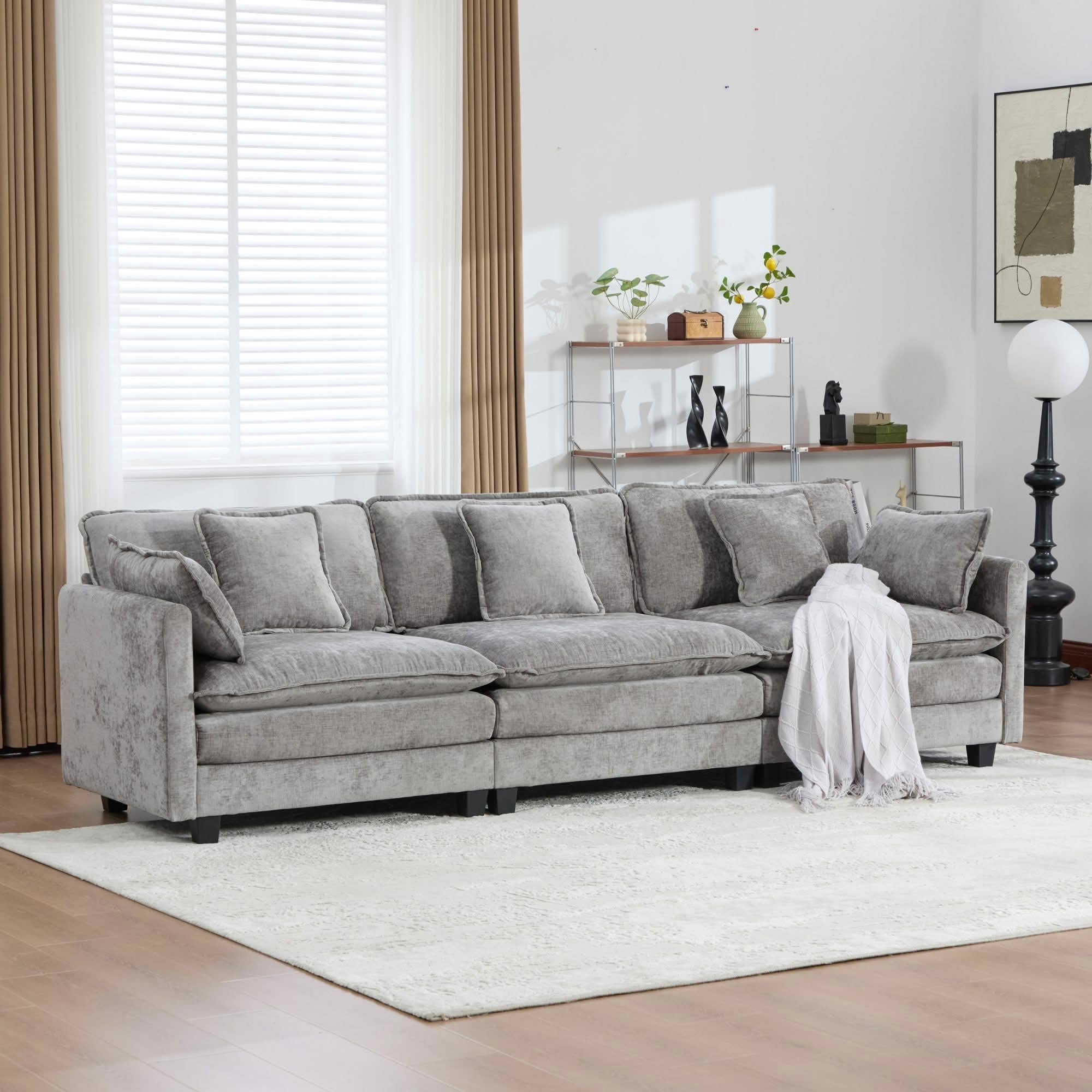 MAYEERTY 113.8 Inch Cloud 3‑Seater Modular Sectional Sofa, Chenille Couch with Double‑Layer Seat Cushion for Home Apartment, Ottoman Not Included