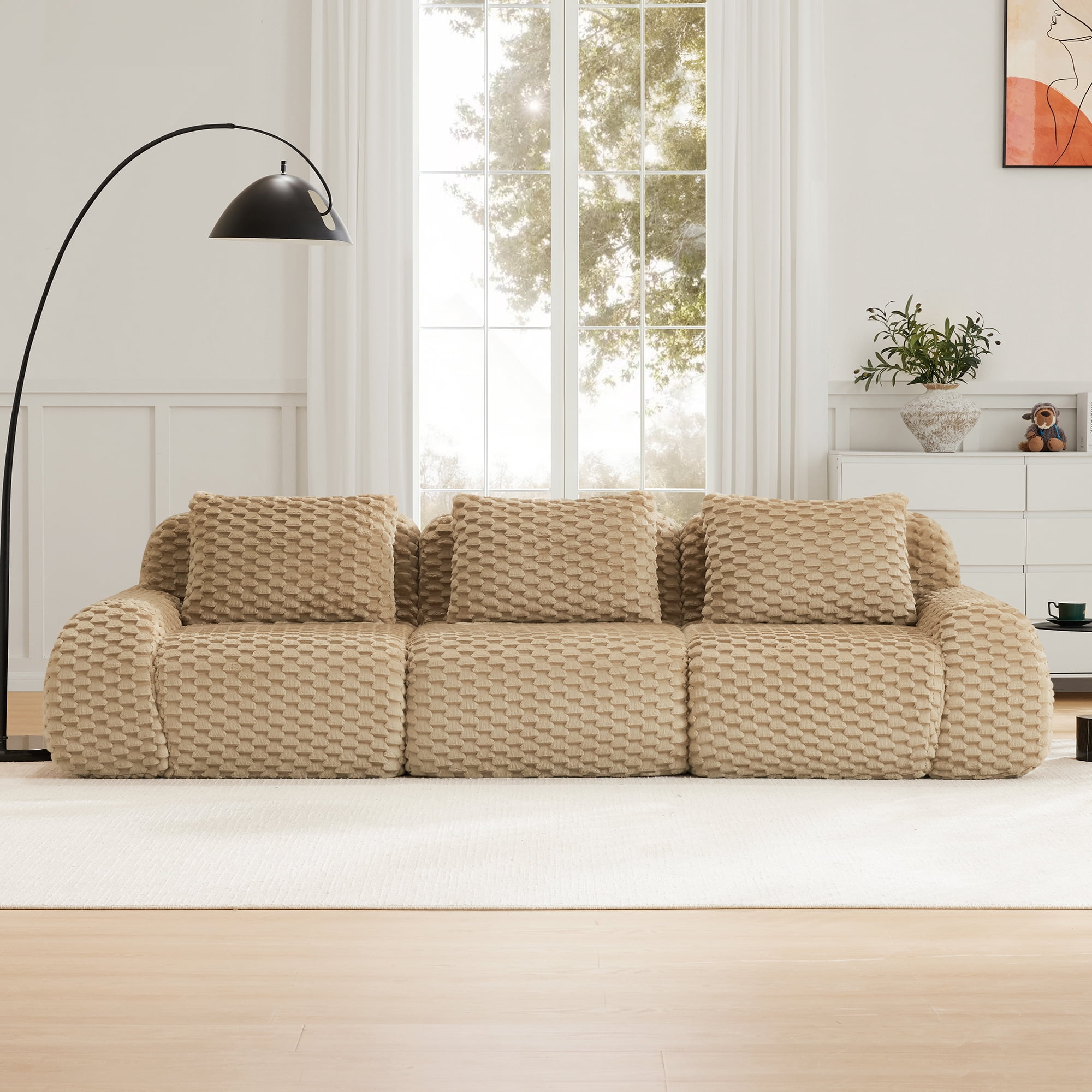 MAYEERTY 114" 3-Seater Modular Sofa, Textured Flannelette, Boneless Deep Seat, Anti-Slip, No Assembly, Light Camel