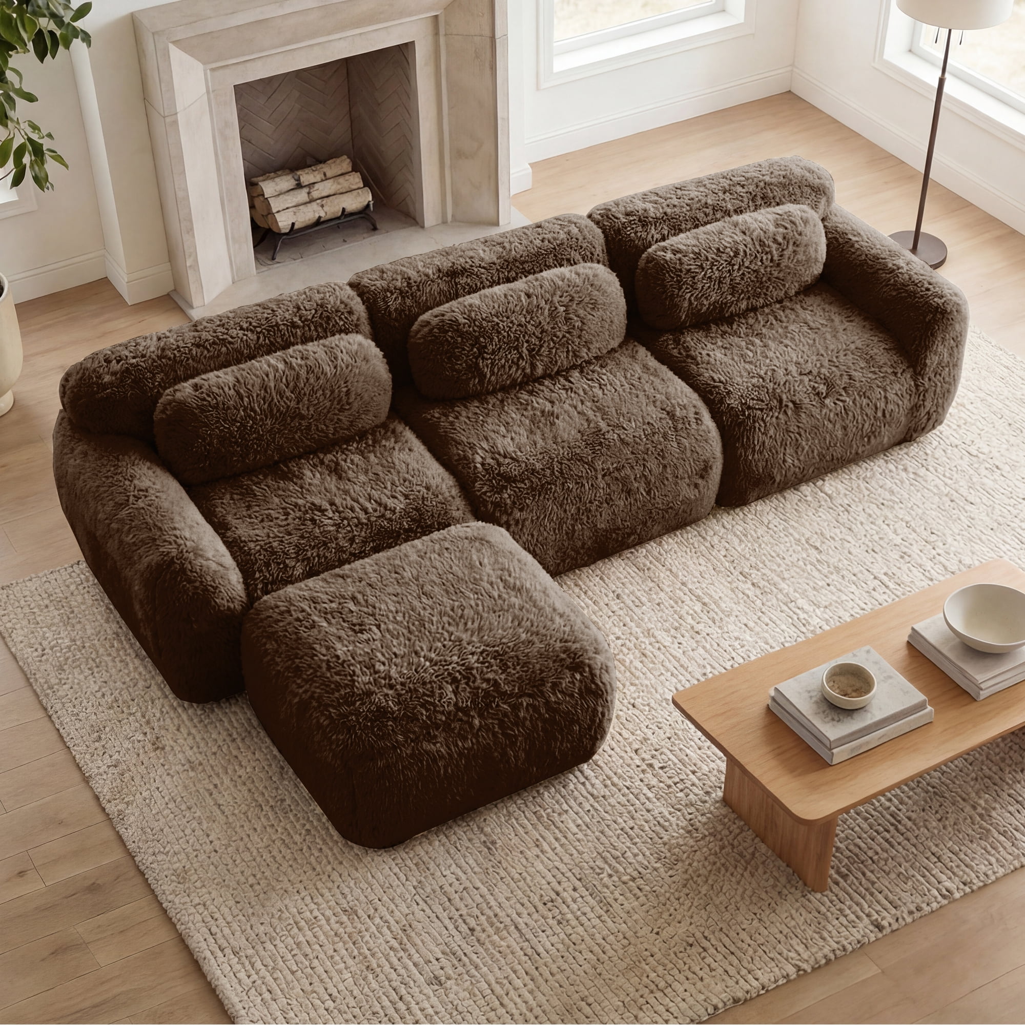 MAYEERTY 114.7" L-Shaped Plush Boneless Sofa, Chocolate 32D Foam Non-Slip Base Buckle Connection No Assembly Couch with Pillows & Movable Ottoman for Living Room