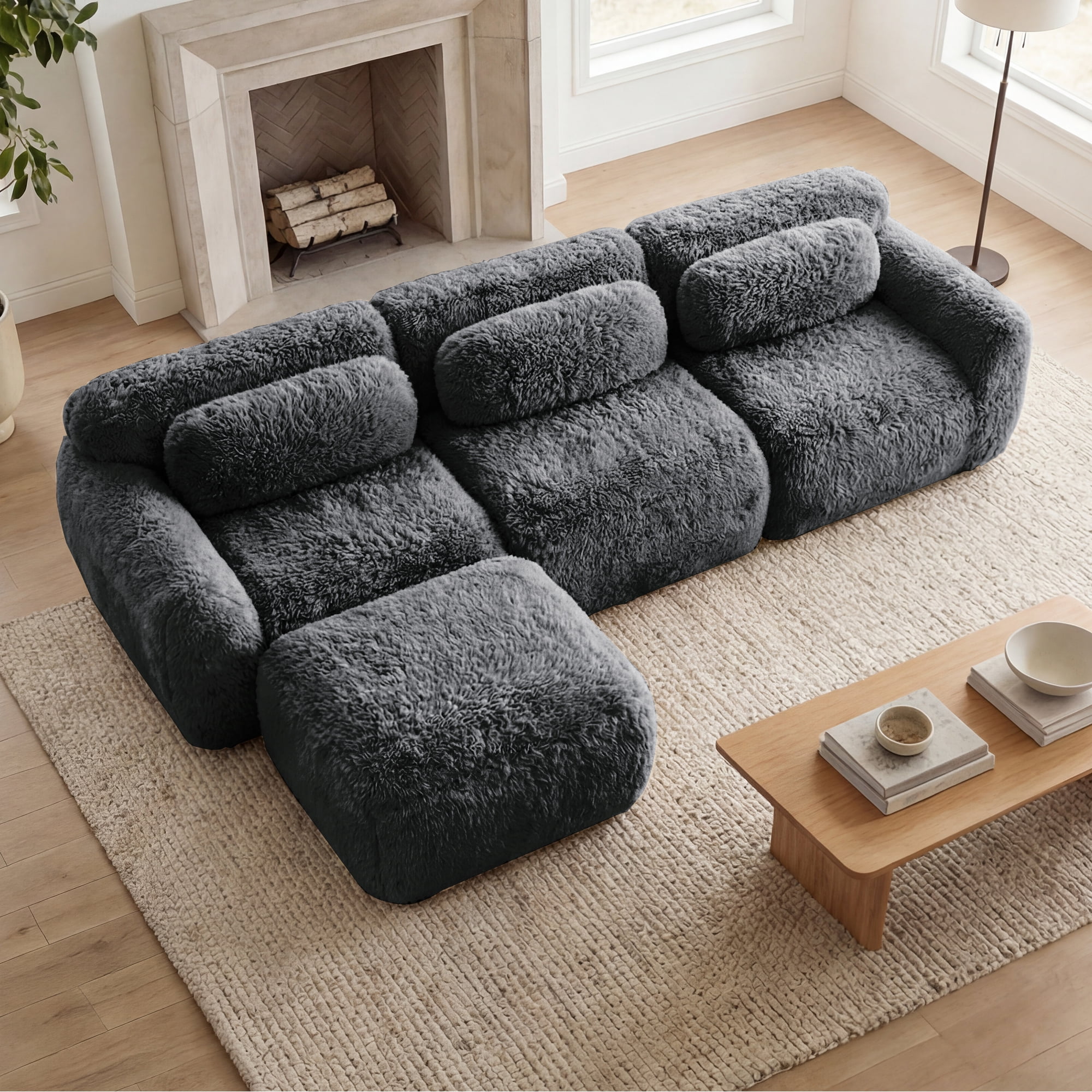 MAYEERTY 114.7" L-Shaped Plush Boneless Sofa, Gray 32D Foam Non-Slip Base Buckle Connection No Assembly Couch with Pillows & Movable Ottoman for Living Room