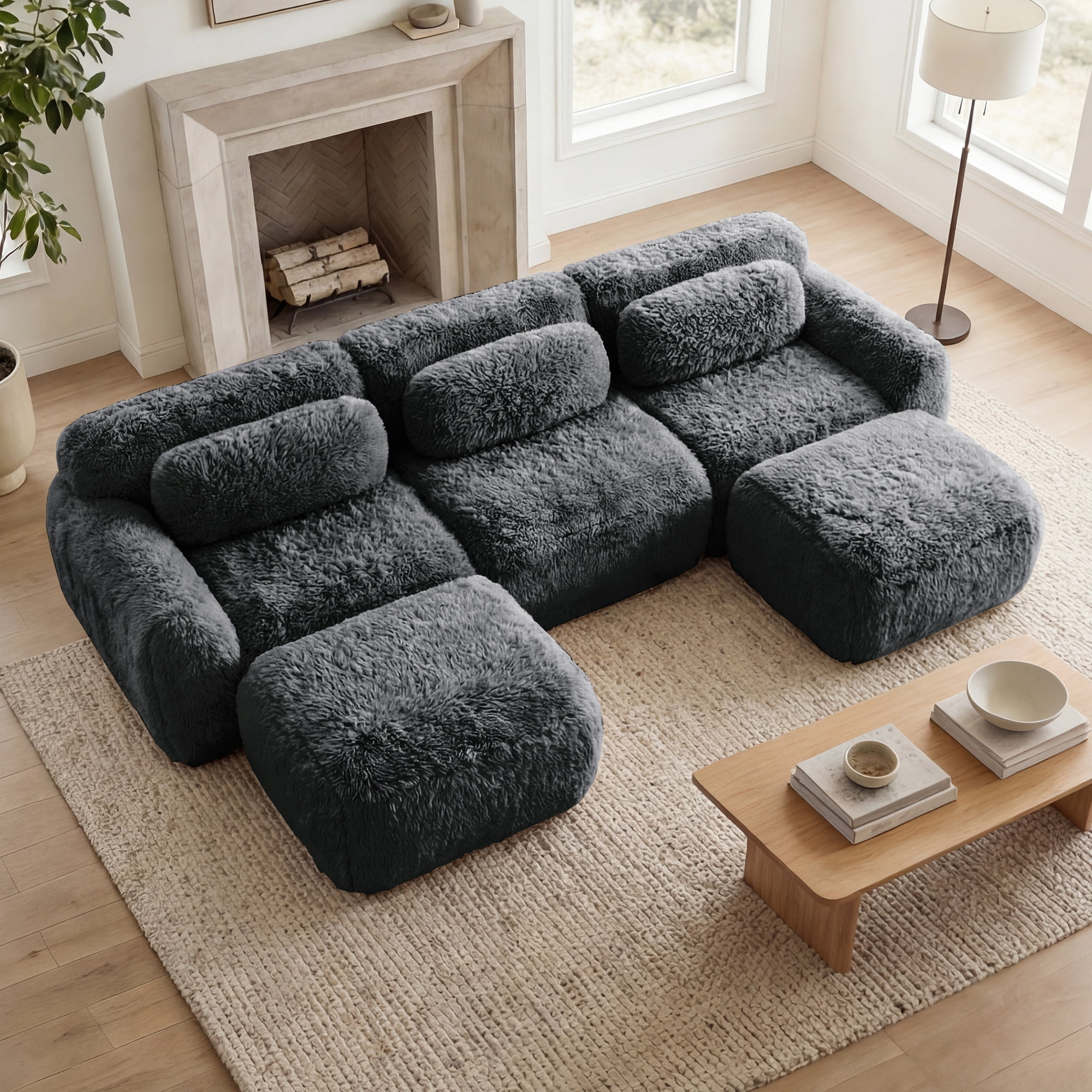 MAYEERTY 114.7" U-Shaped Plush Boneless Sofa, Gray 32D High Density Foam Deep Seat Vacuum Compression Modular Couch with Chaise for Bedroom Study Home Theater