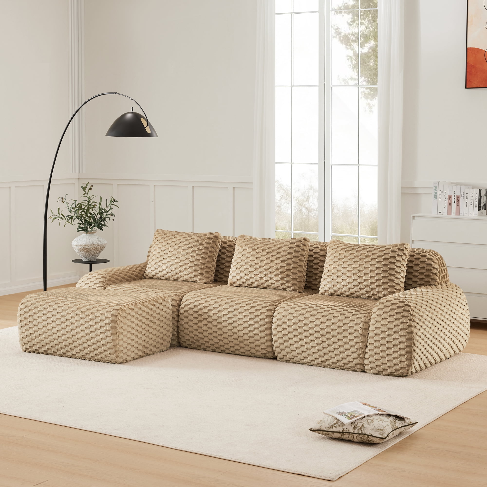 MAYEERTY 114" L-Shaped 3-Seater Modular Sofa, Textured Flannelette, Movable Ottoman, Boneless, No Assembly, Light Camel