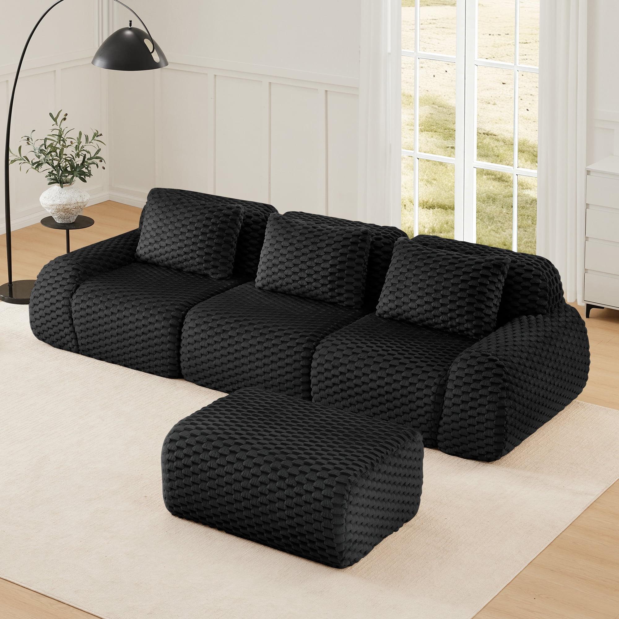 MAYEERTY 114" L-Shaped Modular Couch, Textured Flannelette, Movable Ottoman, Anti-Slip, No Assembly, Black