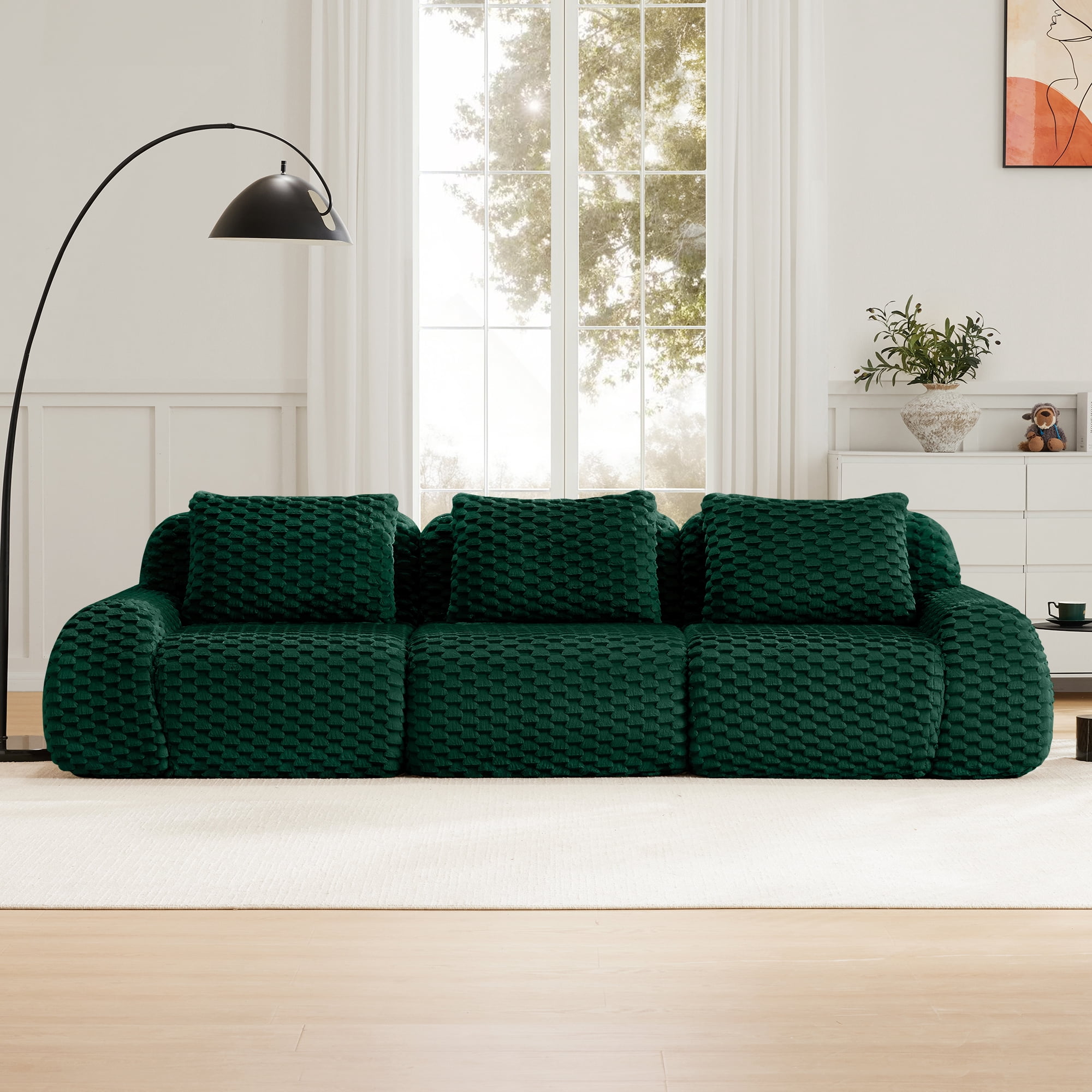 MAYEERTY 114" Modern Modular Sofa, Textured Flannelette, Cloud Comfort, Boneless, No Assembly, Green