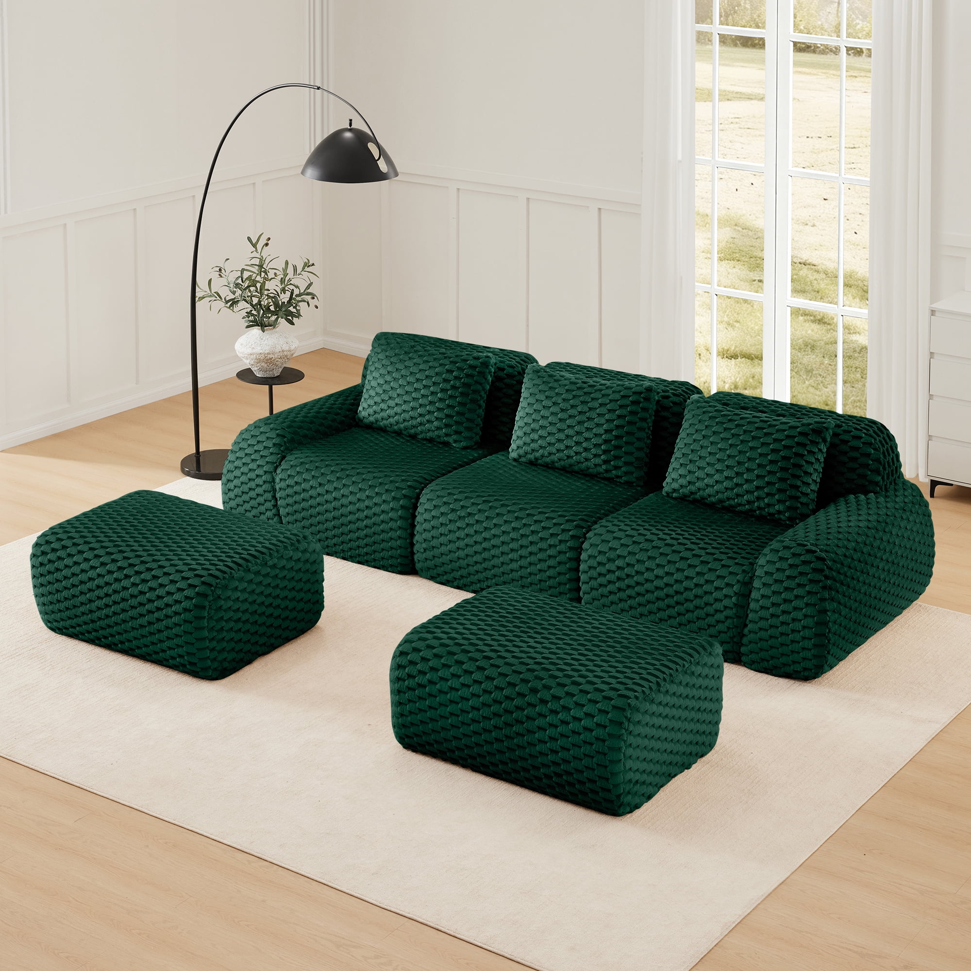 MAYEERTY 114" Modern U-Shaped Sofa, Textured Flannelette, Movable Ottoman, Cloud Comfort, No Assembly, Green
