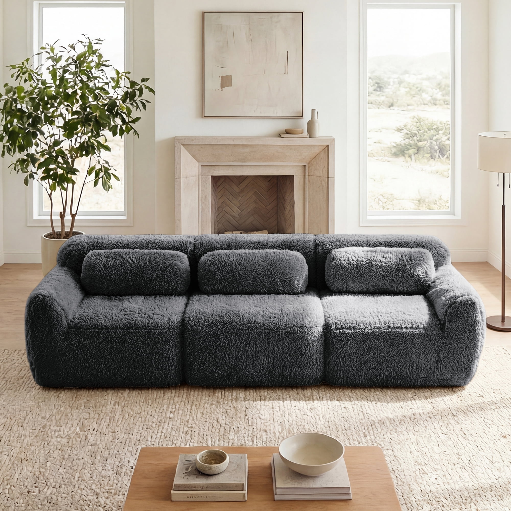 MAYEERTY 114" Plush Modular Sectional Sofa, Gray Ergonomic Couch, Vacuum Compression Buckle Connection with Throw Pillows for Study Home Theater