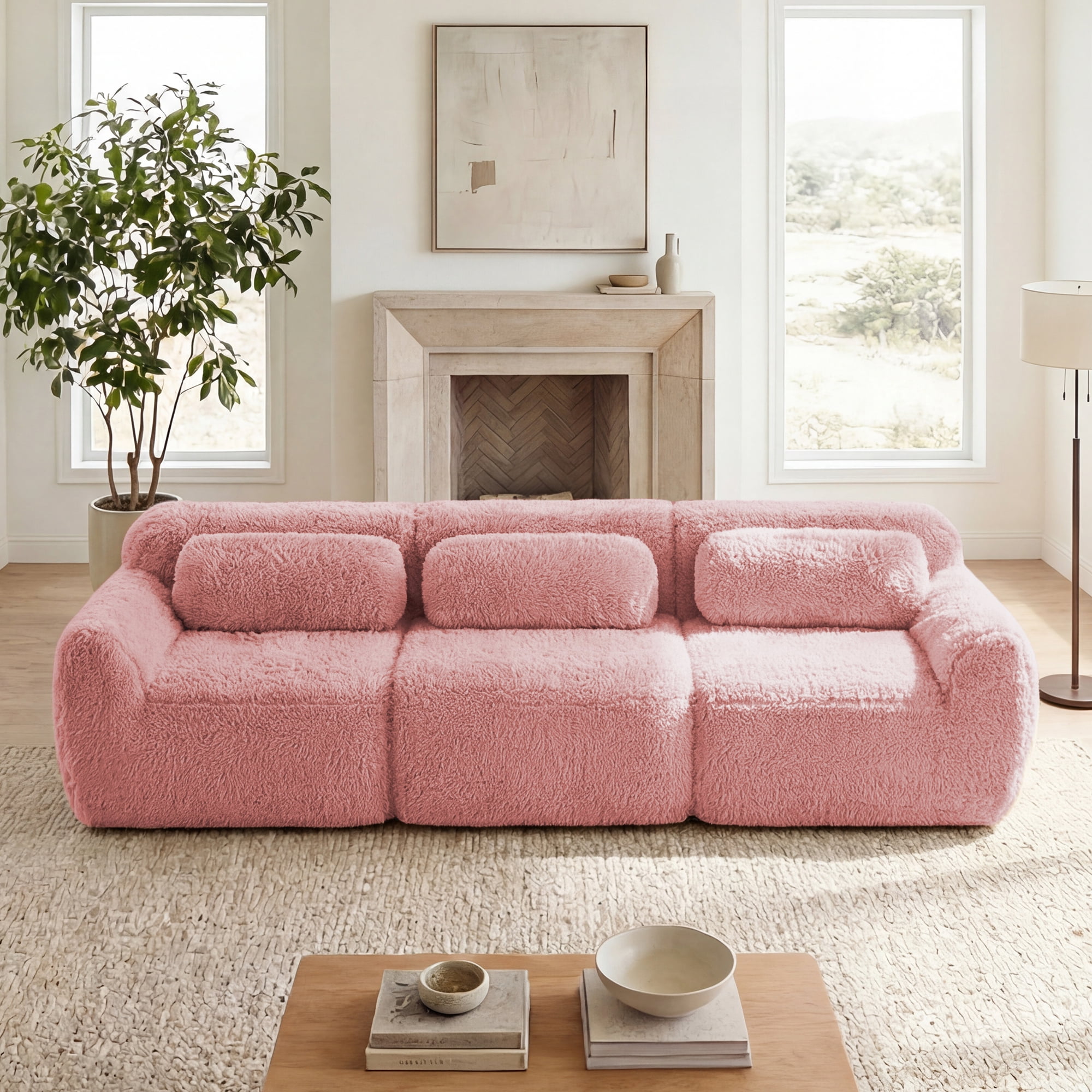 MAYEERTY 114" Plush Modular Sectional Sofa, Pink Ergonomic Couch, Vacuum Compression Buckle Connection with Throw Pillows for Study Home Theater