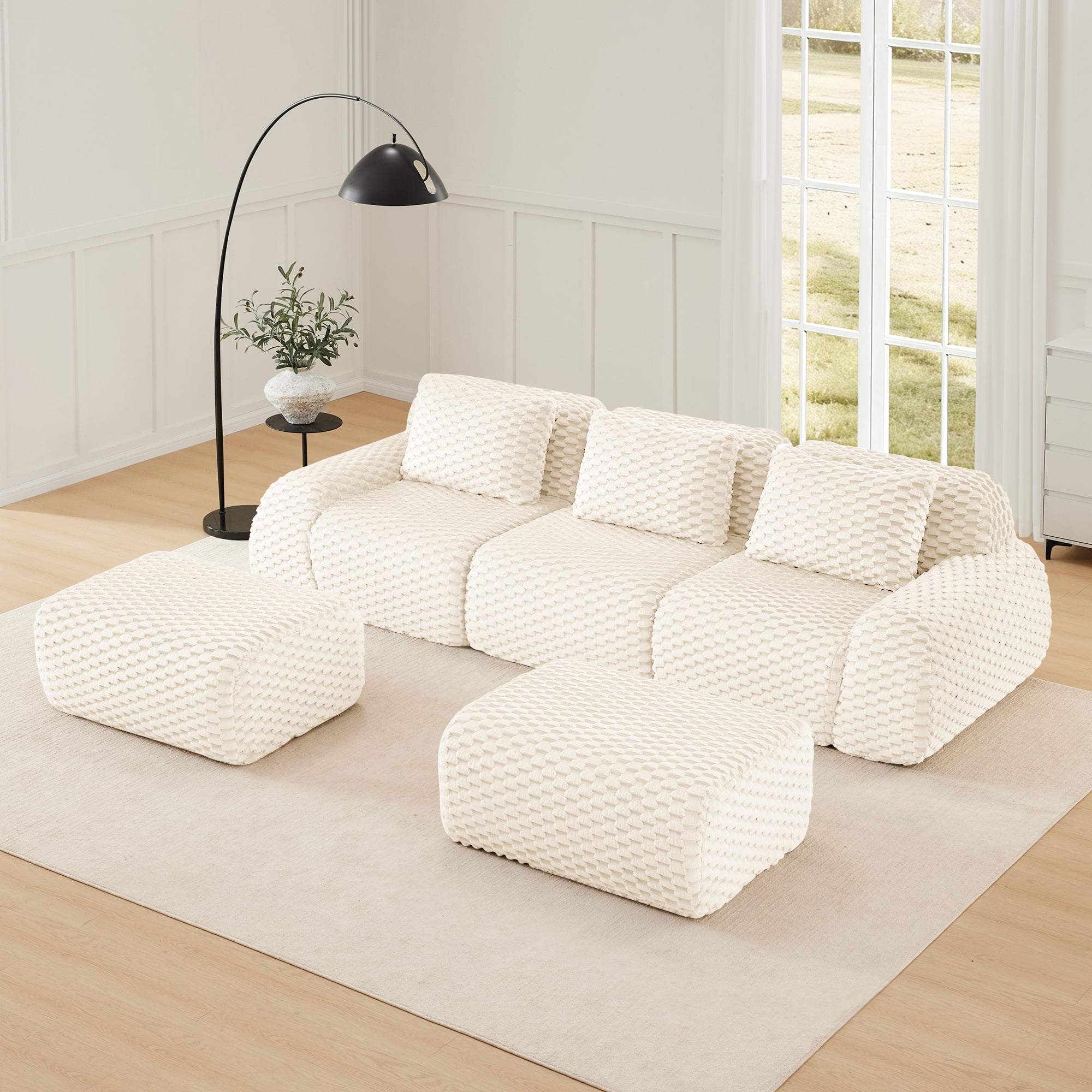 MAYEERTY 114" U-Shaped Modular Sofa, Textured Flannelette, Movable Ottoman, Pet-Friendly, No Assembly, Cream