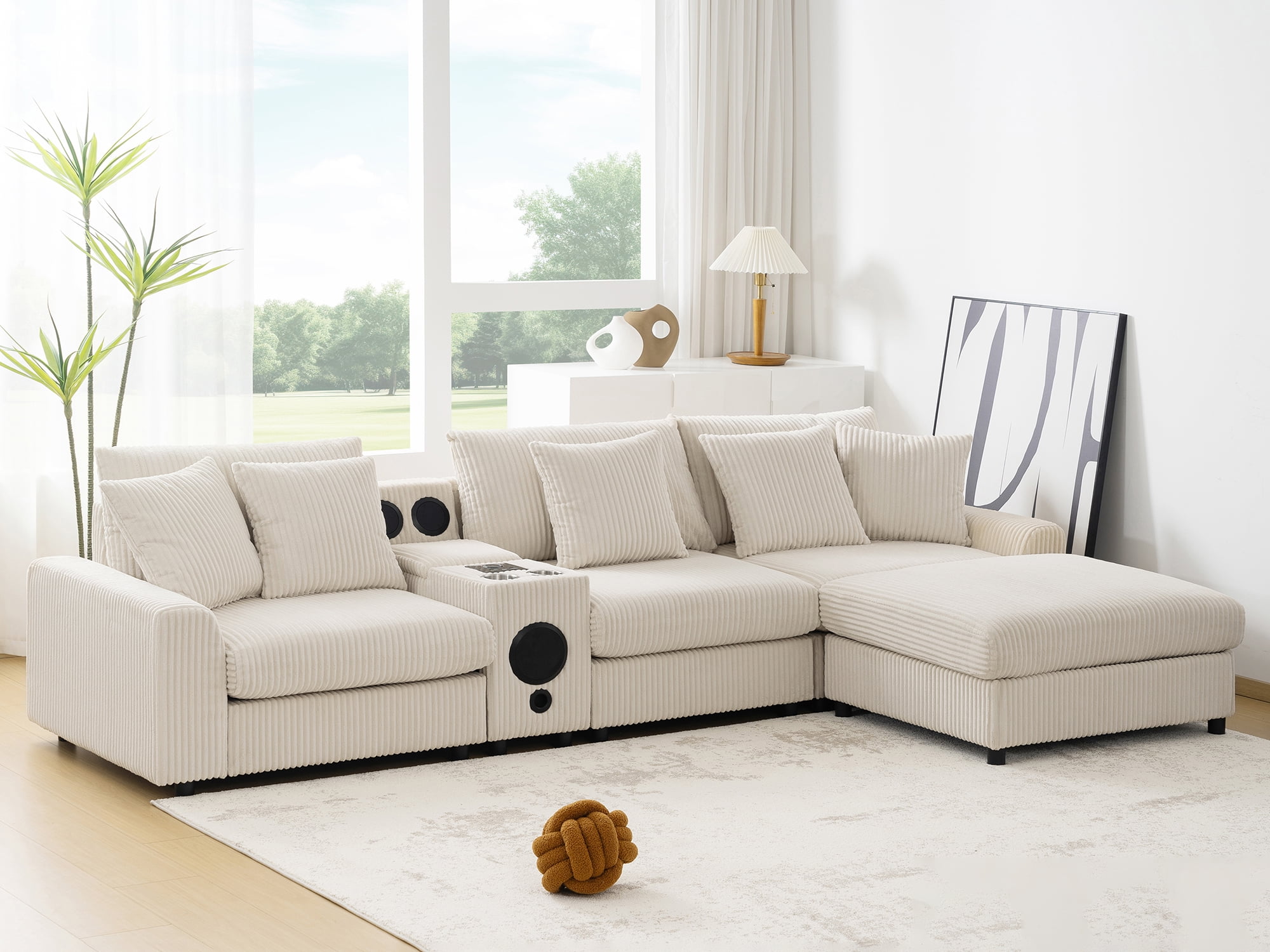 MAYEERTY 114x64" Corduroy Sectional Sofa - Bluetooth Speakers, L-Shaped Couch with Console/USB/Cup Holders/Storage/Ottoman, 2 Colors