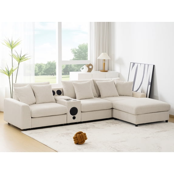 MAYEERTY 114x64" Corduroy Sectional Sofa - Bluetooth Speakers, L-Shaped Couch with Console/USB/Cup Holders/Storage/Ottoman, 2 Colors