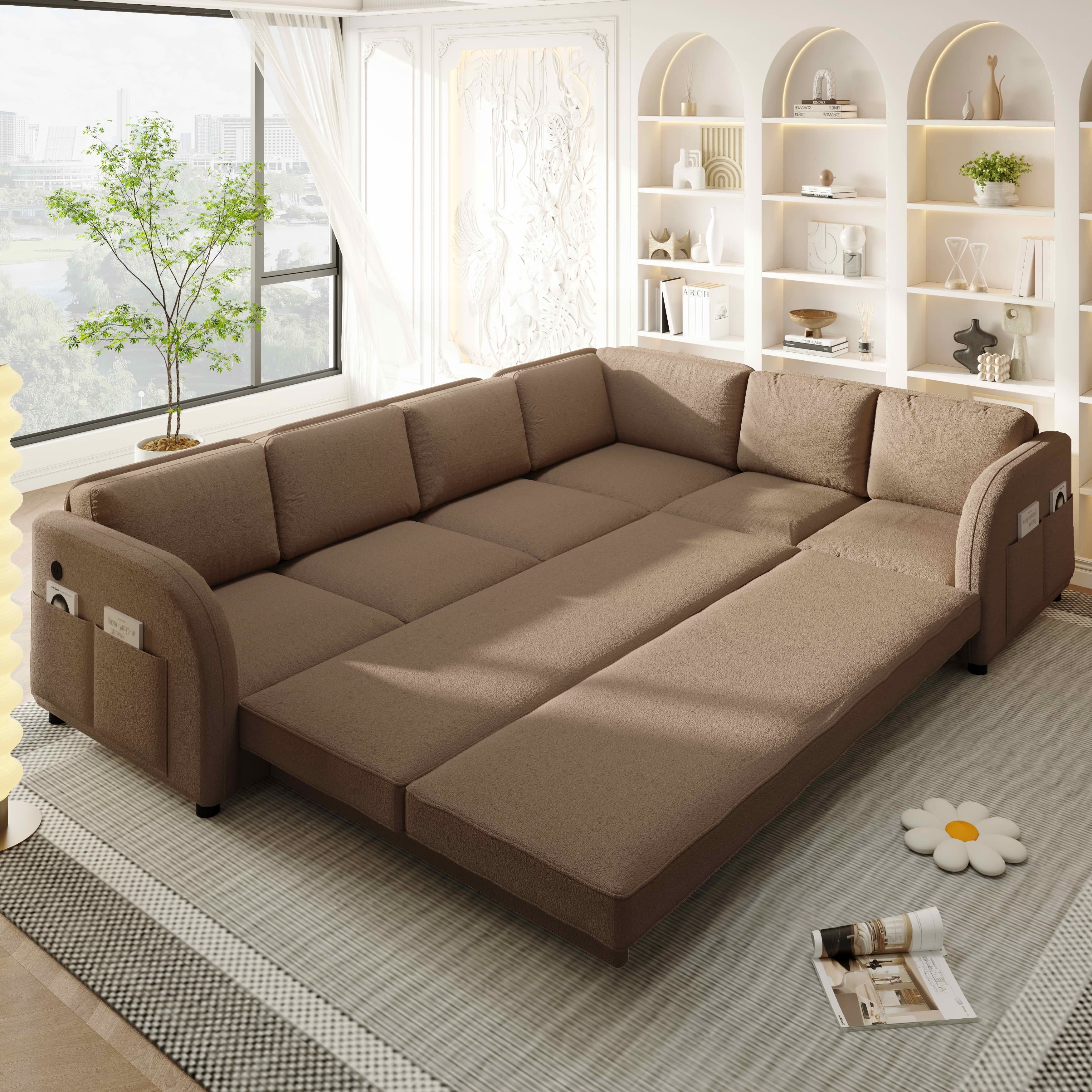 MAYEERTY 115.2" L‑Shaped Convertible Sleeper Sofa, Sherpa Fleece Sectional Couch with Pull‑Out Bed, Side Pocket & USB Port, Reversible Left/Right Chaise