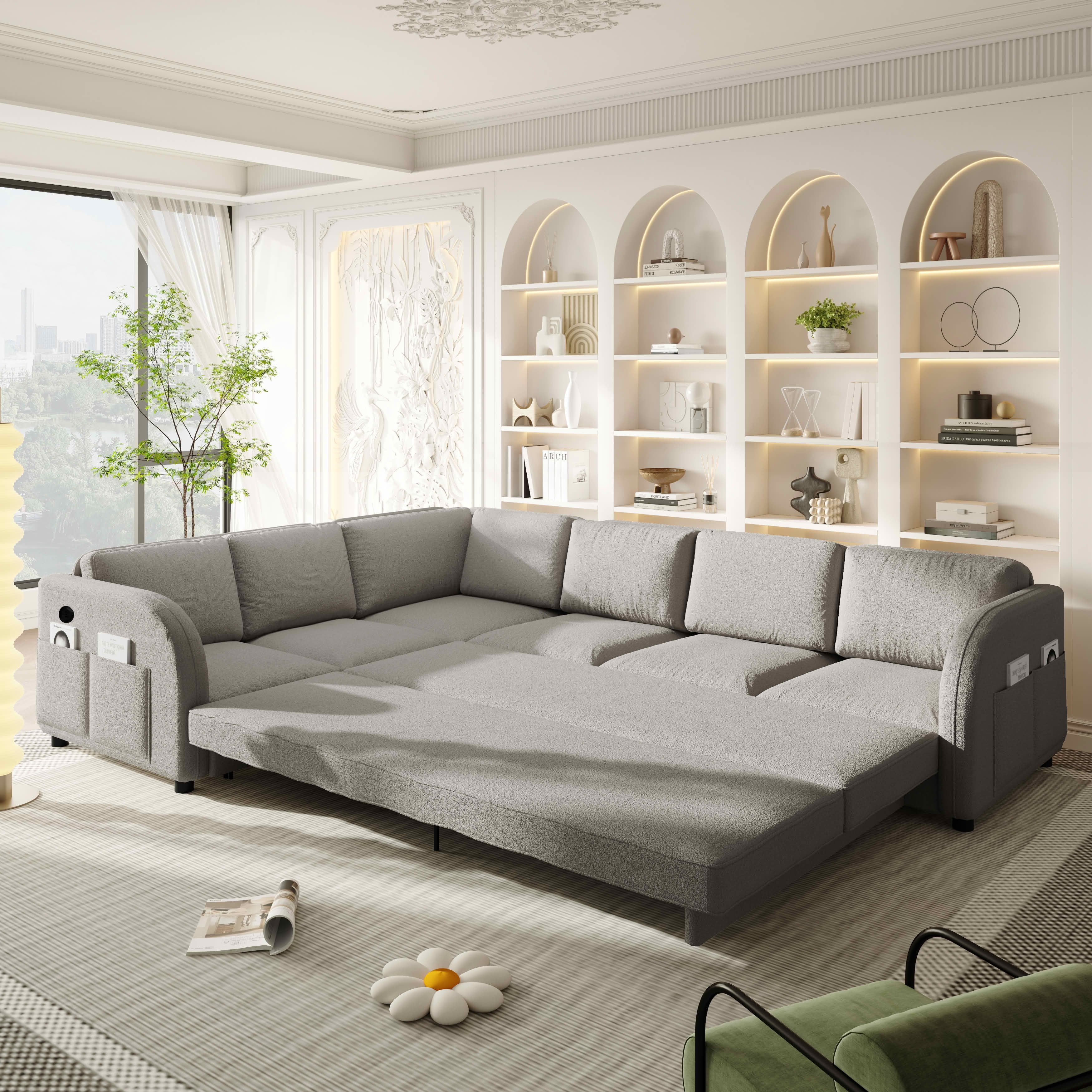 MAYEERTY 115.2" L‑Shaped Convertible Sleeper Sofa, Sherpa Fleece Sectional Couch with Pull‑Out Bed, Side Pocket & USB Port, Reversible Left/Right Chaise