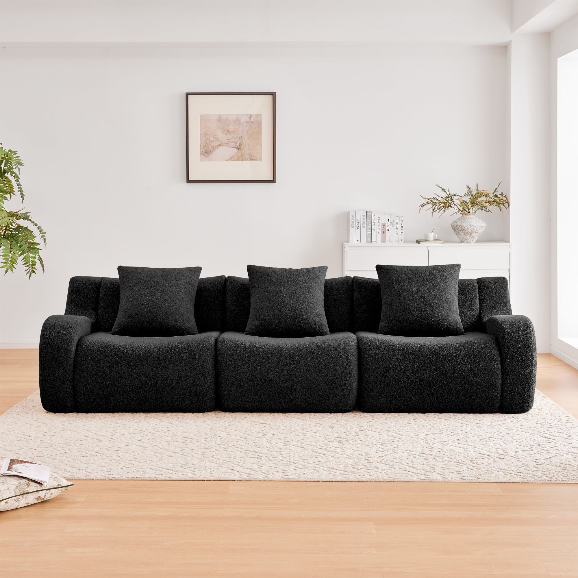 MAYEERTY 115.3" 3-Seat Teddy Fabric Boneless Sofa, Black 300lbs/seat 32D Foam No Assembly Curved Armrest Couch for Living Room Bedroom