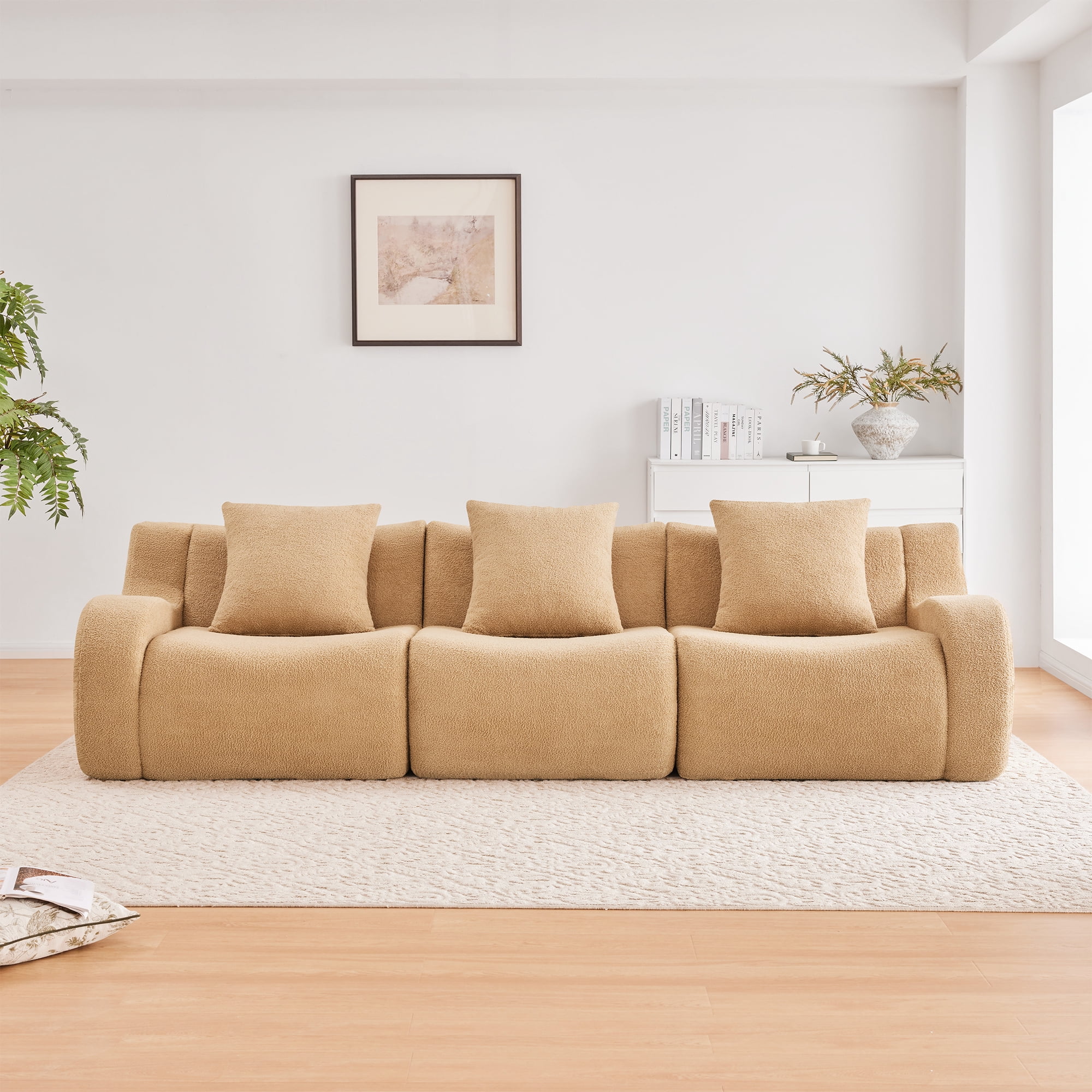 MAYEERTY 115.3" 3-Seat Teddy Fabric Boneless Sofa, Camel 300lbs/seat 32D Foam No Assembly Curved Armrest Couch for Living Room Bedroom
