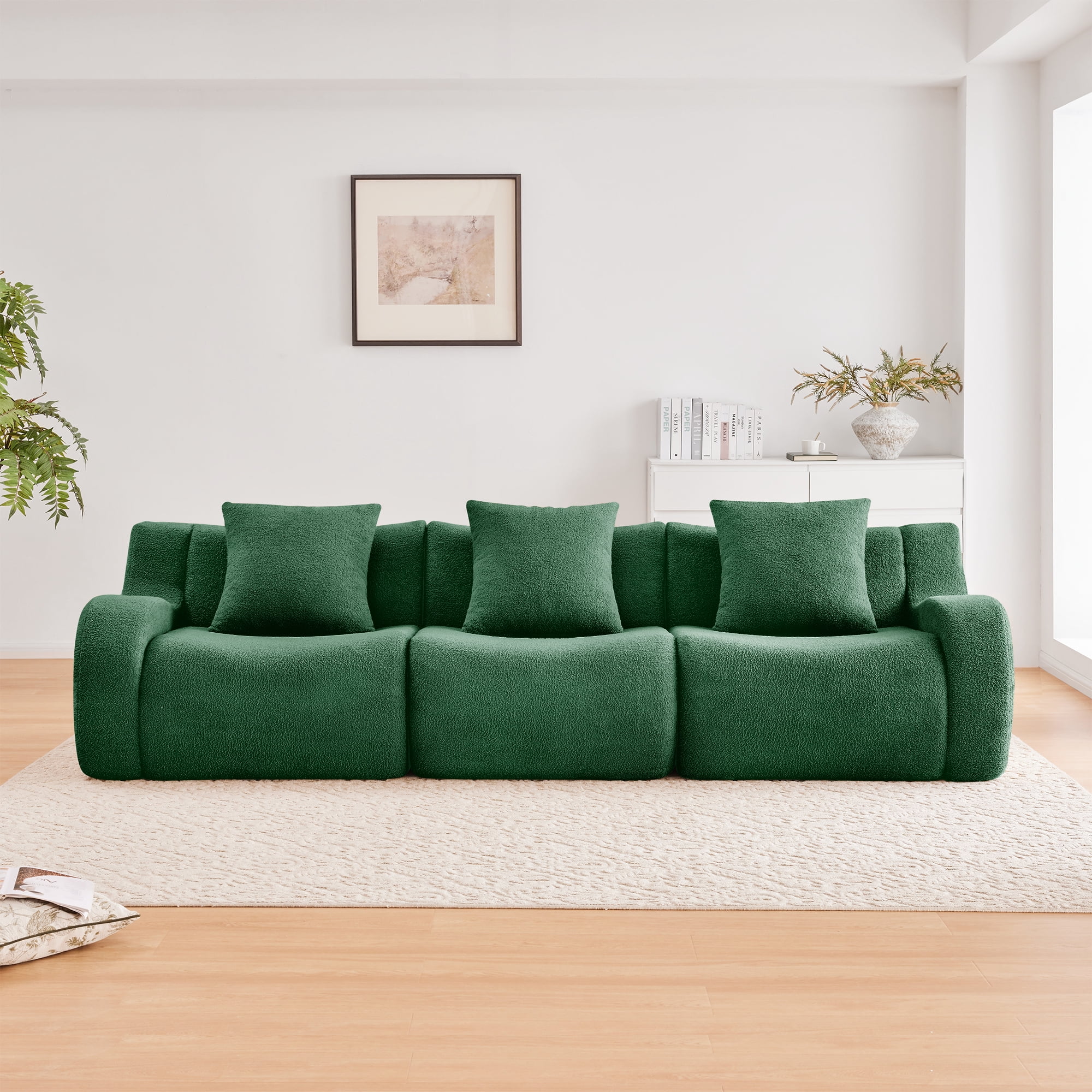 MAYEERTY 115.3" 3-Seat Teddy Fabric Boneless Sofa, Green 300lbs/seat 32D Foam No Assembly Curved Armrest Couch for Living Room Bedroom