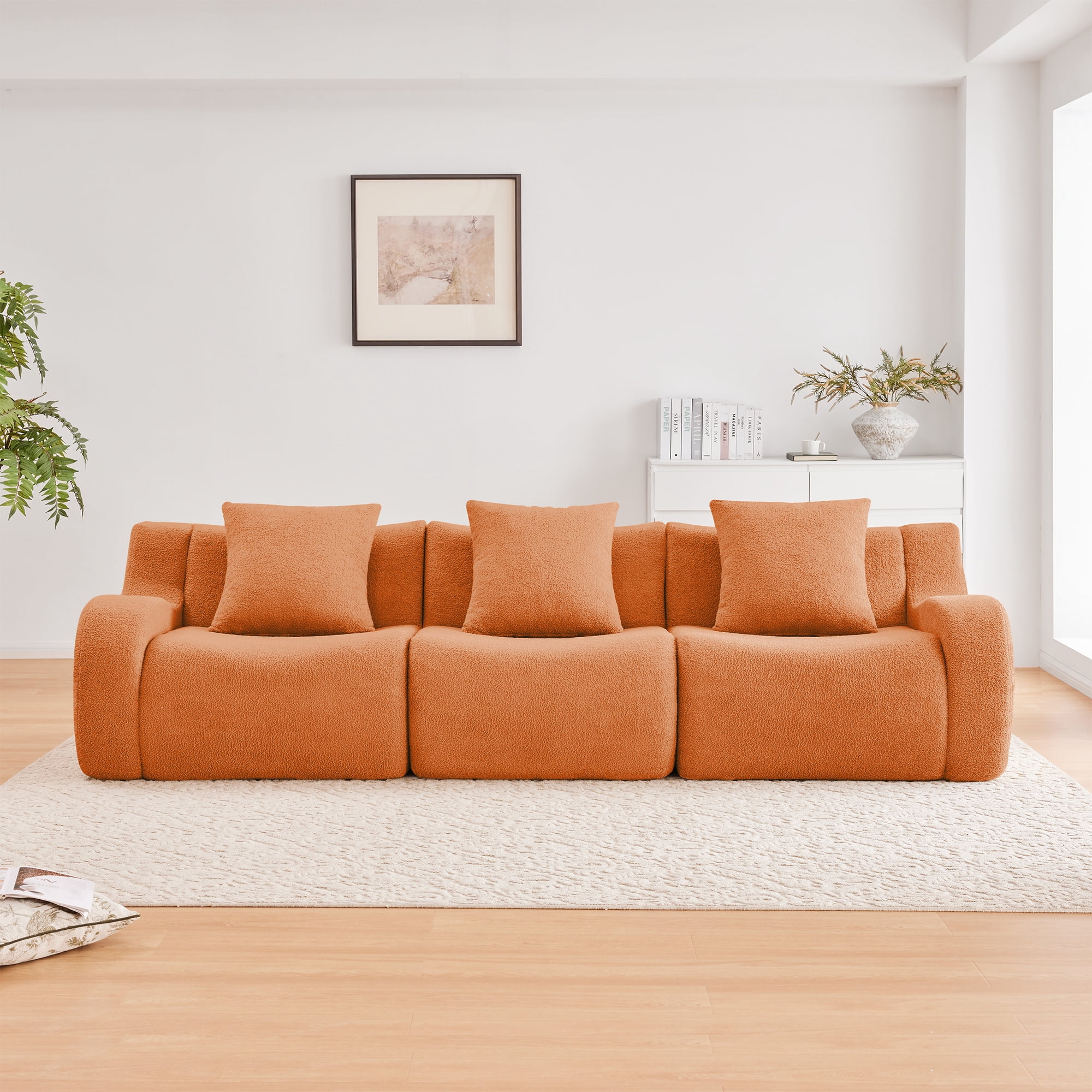 MAYEERTY 115.3" 3-Seat Teddy Fabric Boneless Sofa, Orange 300lbs/seat 32D Foam No Assembly Curved Armrest Couch for Living Room Bedroom