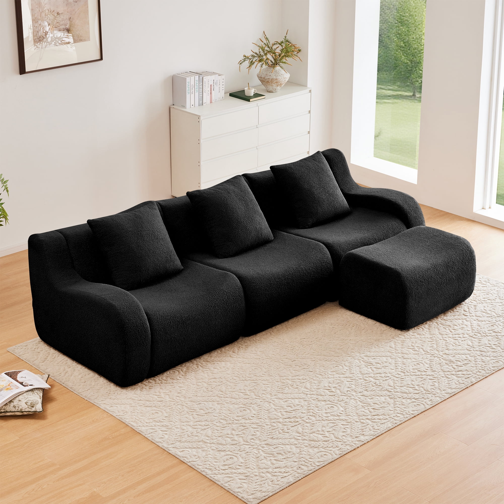 MAYEERTY 115.3" L-Shaped 3-Seat Teddy Fabric Boneless Sofa, Black 300lbs/seat 32D Foam No Assembly Couch with Chaise for Living Room Bedroom