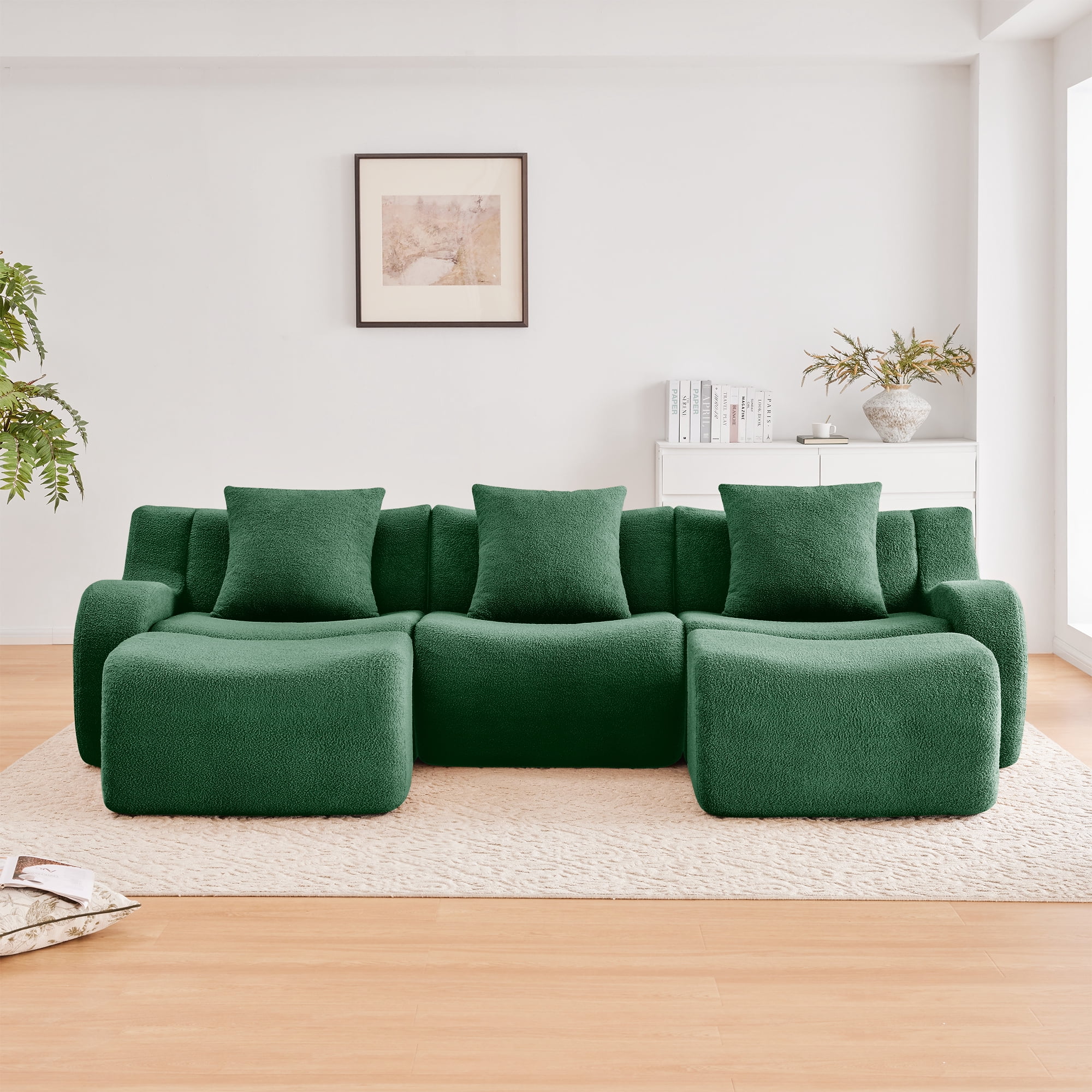 MAYEERTY 115.3" U-Shaped Teddy Fabric Boneless Sofa, Green 300lbs/seat 32D Foam No Assembly Couch with Chaise for Living Room Reading Nook