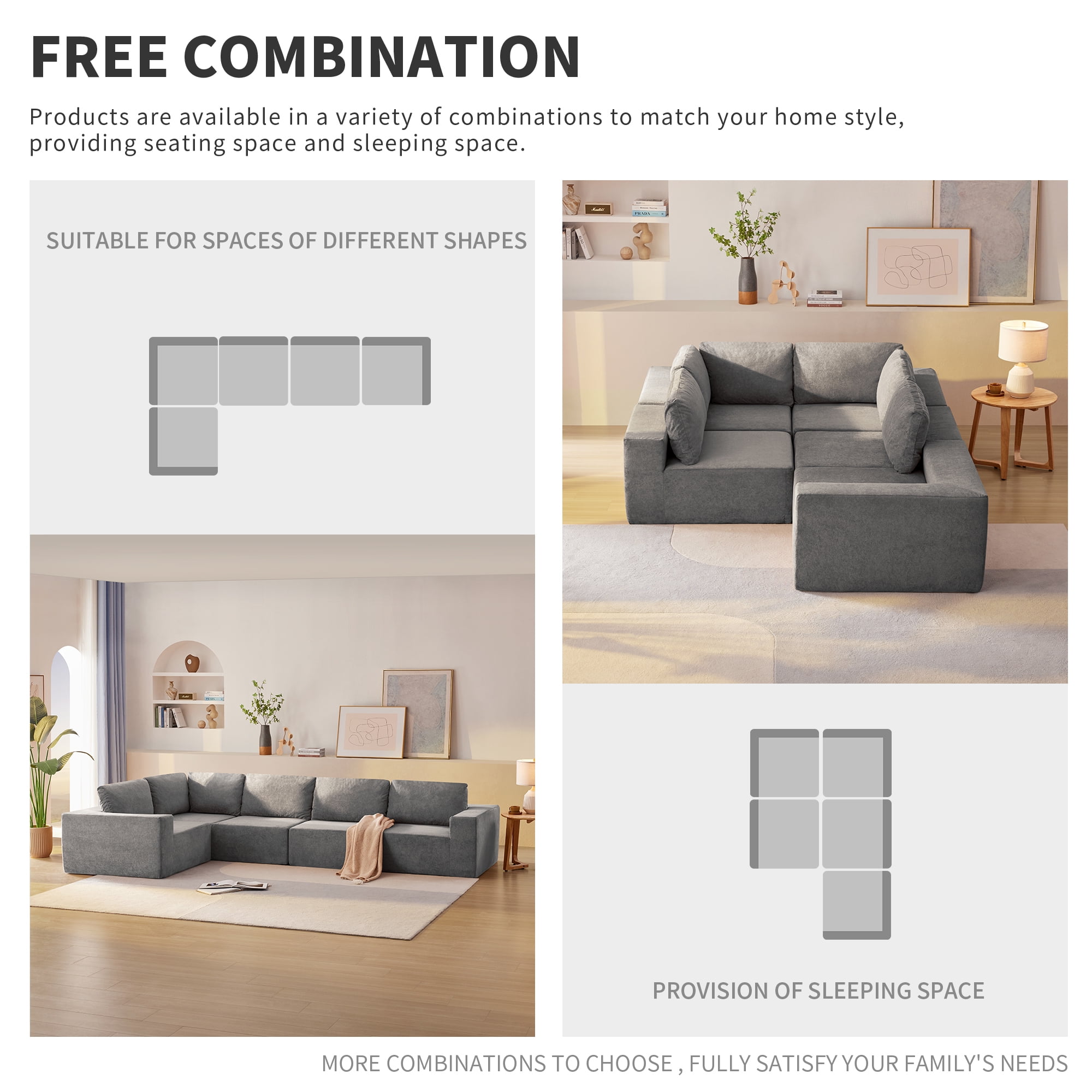 MAYEERTY 116x116" L-Shaped Modular Sectional Sofa - Luxury 5PC Free Combination Compressed Floor Couch for Living Room/Bedroom, 3 Colors