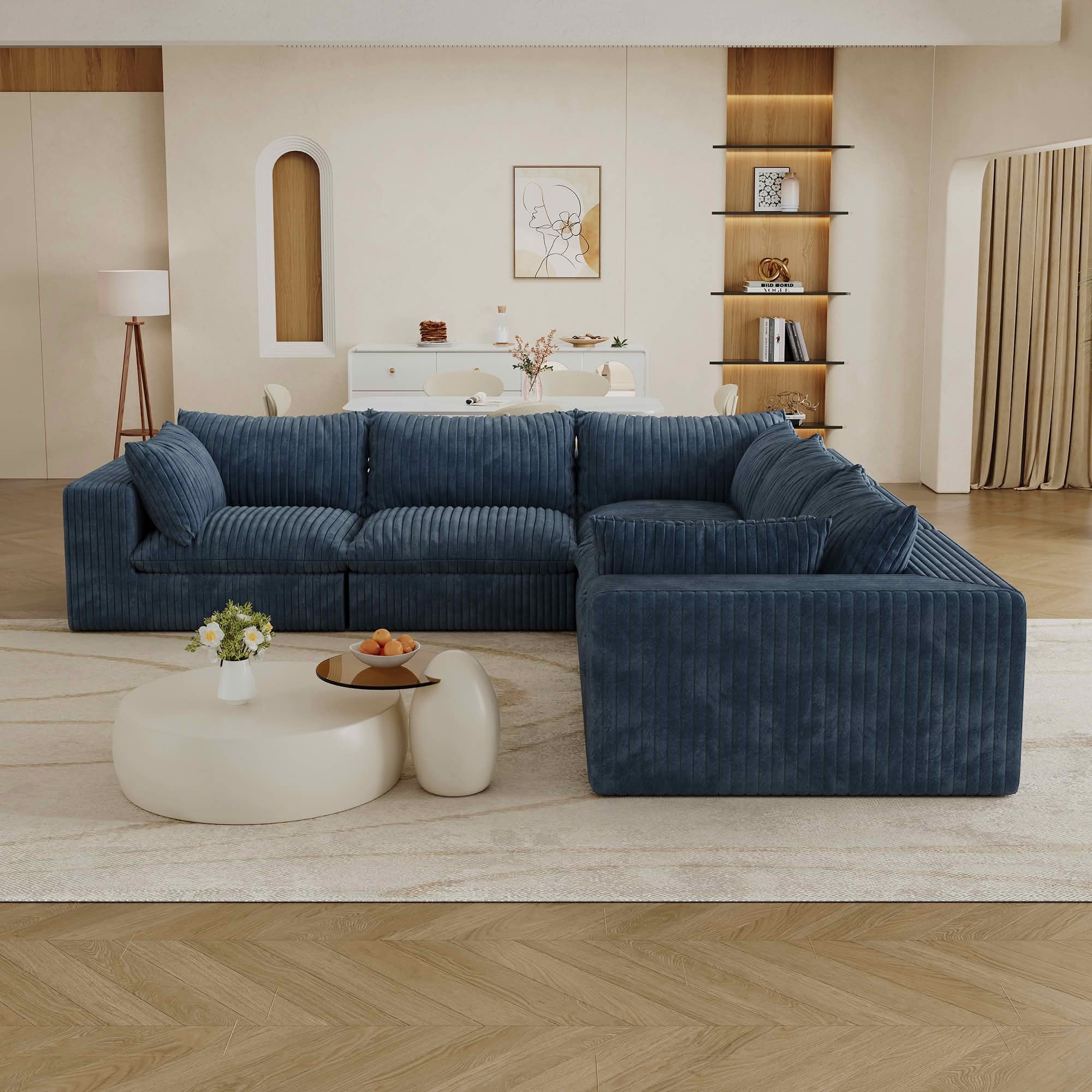 MAYEERTY 118.2" Cloud Corduroy Sofa, Deep Seat Double-Layer Design, Removable Cushion No Assembly, DIY Combination, Blue