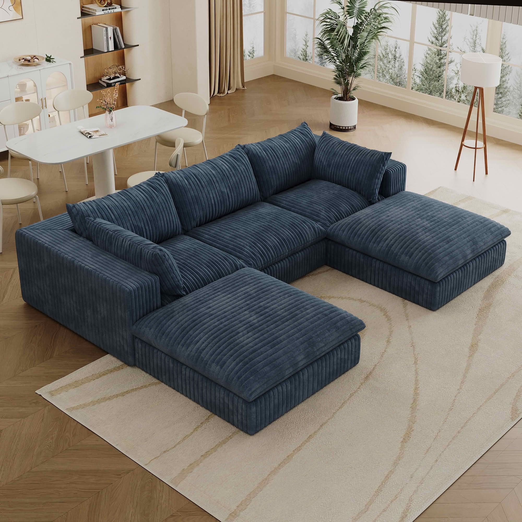 MAYEERTY 118.2" Cloud Corduroy Sofa, Deep Seat Double-Layer Design, Removable Cushion No Assembly, DIY Combination, Blue