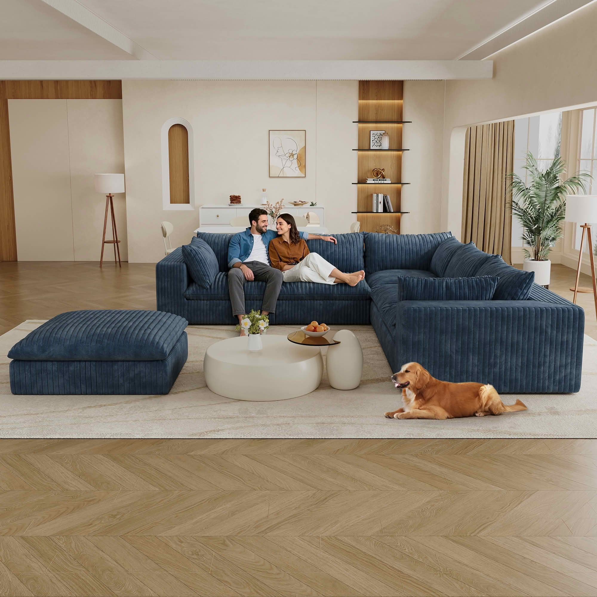 MAYEERTY 118.2" Cloud Corduroy Sofa, Deep Seat Double-Layer Design, Removable Cushion No Assembly, DIY Combination, Blue