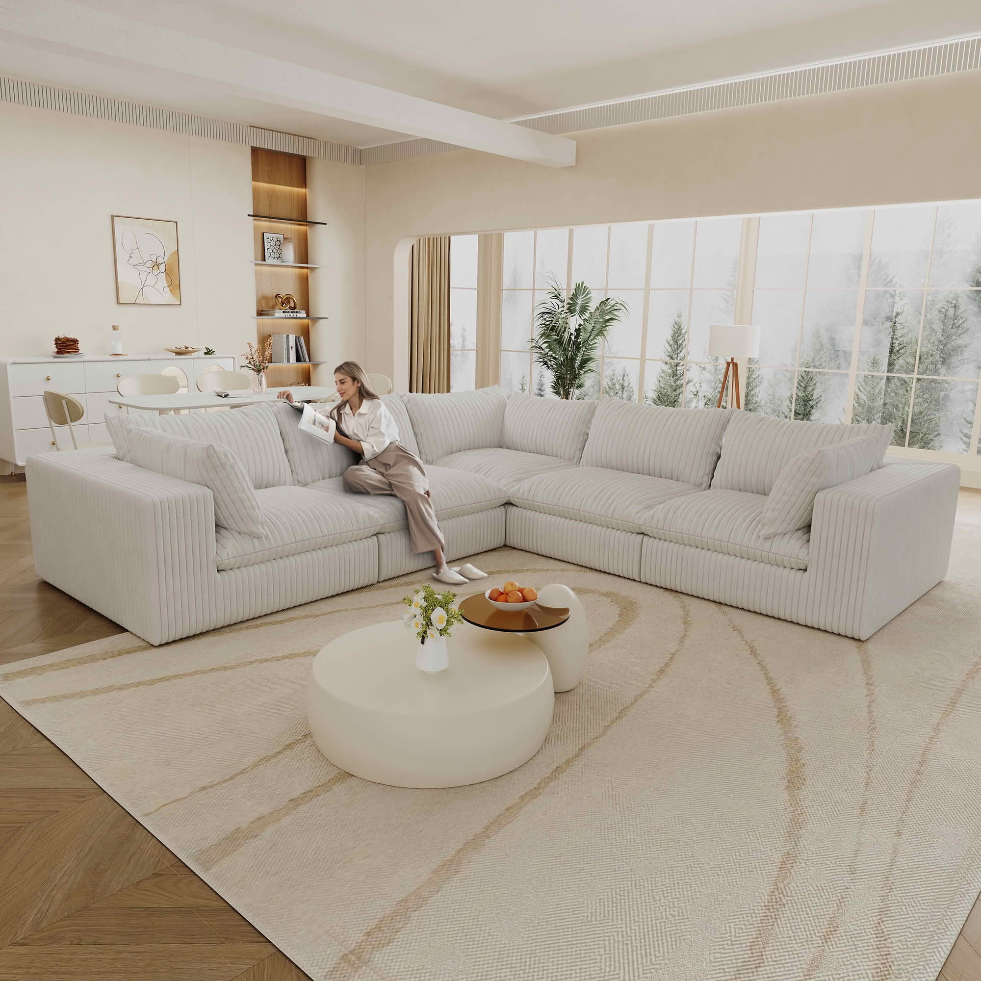 MAYEERTY 118.2" Cloud Corduroy Sofa, Deep Seat Double-Layer Design, Removable Cushion No Assembly, DIY Combination, White