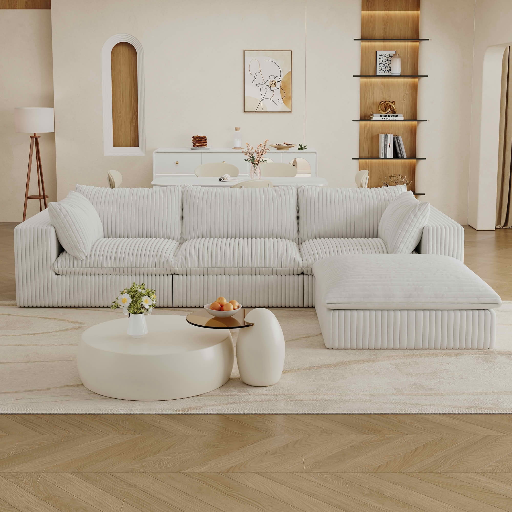 MAYEERTY 118.2" Cloud Corduroy Sofa, Deep Seat Double-Layer Design, Removable Cushion No Assembly, DIY Combination, White