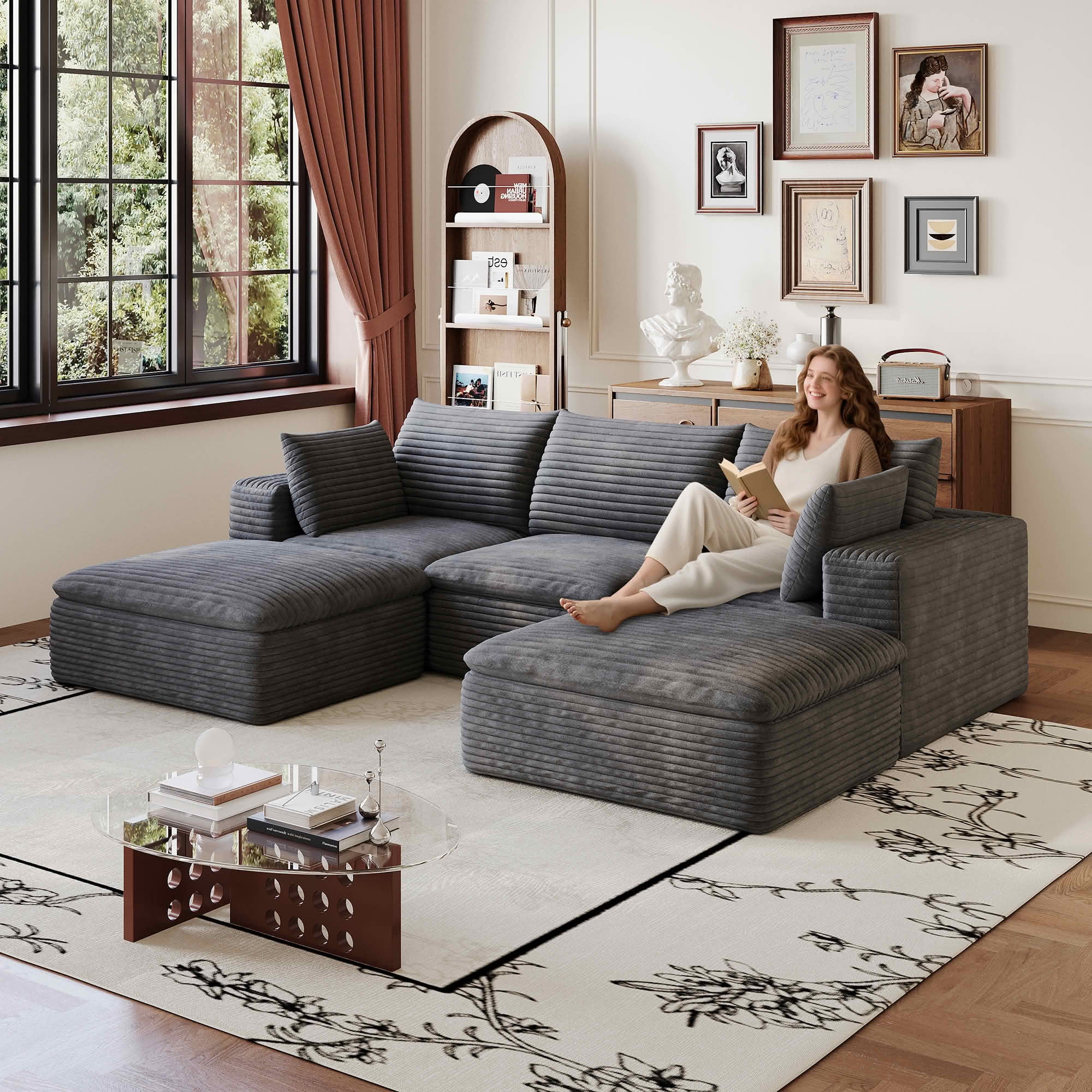 MAYEERTY 102-Inch Gray Corduroy 5-Seat Cloud Modular Sofa, Deep Seat DIY Combination Couch with Removable Cushion No Assembly Required