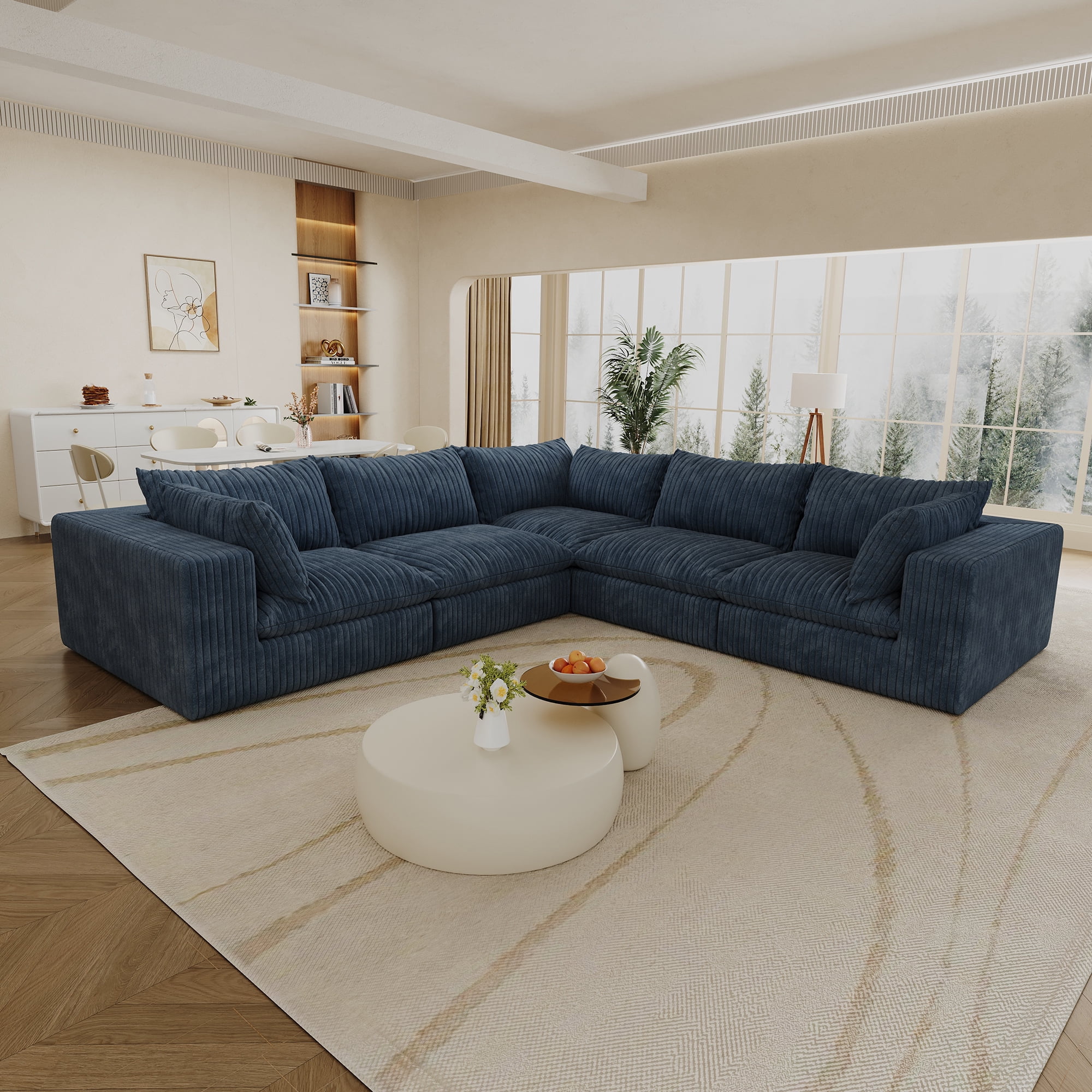 MAYEERTY 118.2" Cloud Sofa Blue Corduroy Deep Seat Double-Layer Removable Cushion No Assembly Multi-Rooms