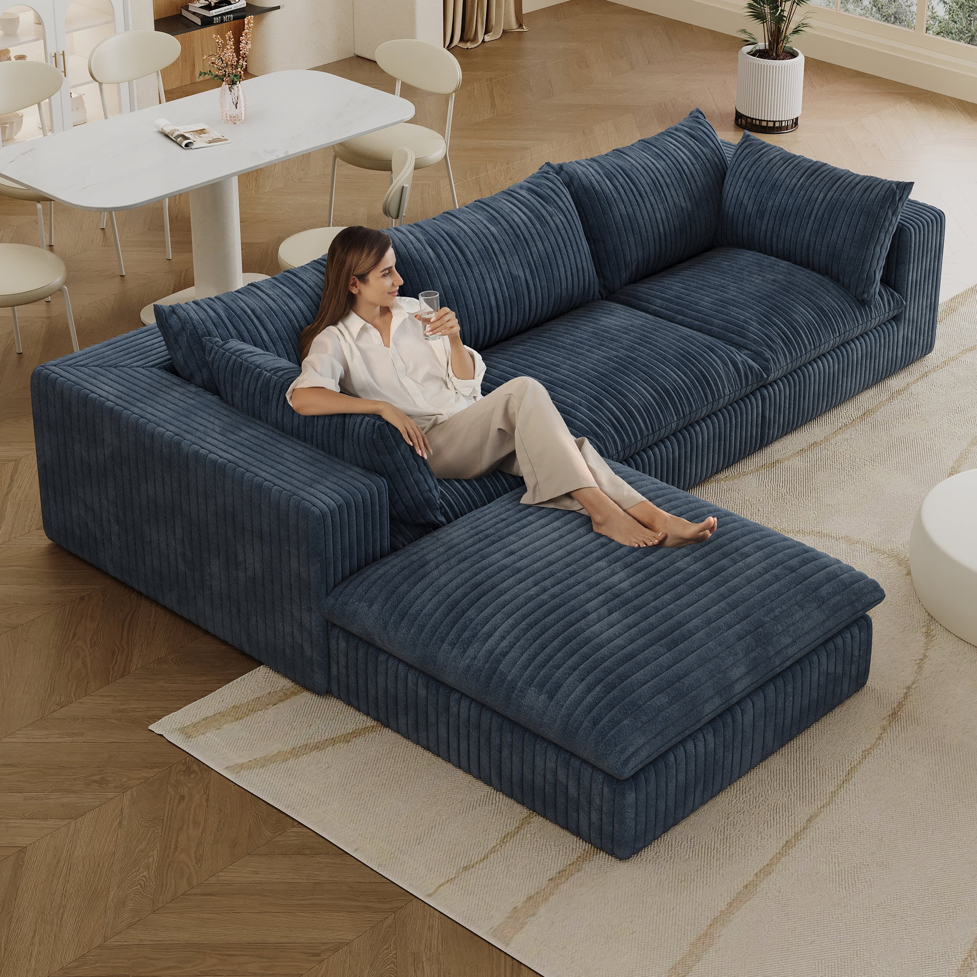 MAYEERTY 118.2" Cloud Sofa Blue Corduroy Deep Seat Double-Layer Removable Cushion No Assembly Multi-Rooms
