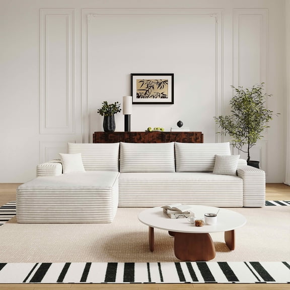 MAYEERTY 107" Cloud L-Shaped Modular Sectional Sofa with Left Facing Chaise, Plush Corduroy Deep Seat 3-Seater Couch, Cloud Sofa for Living Room, Apartment & Bedroom, No Assembly Required, White