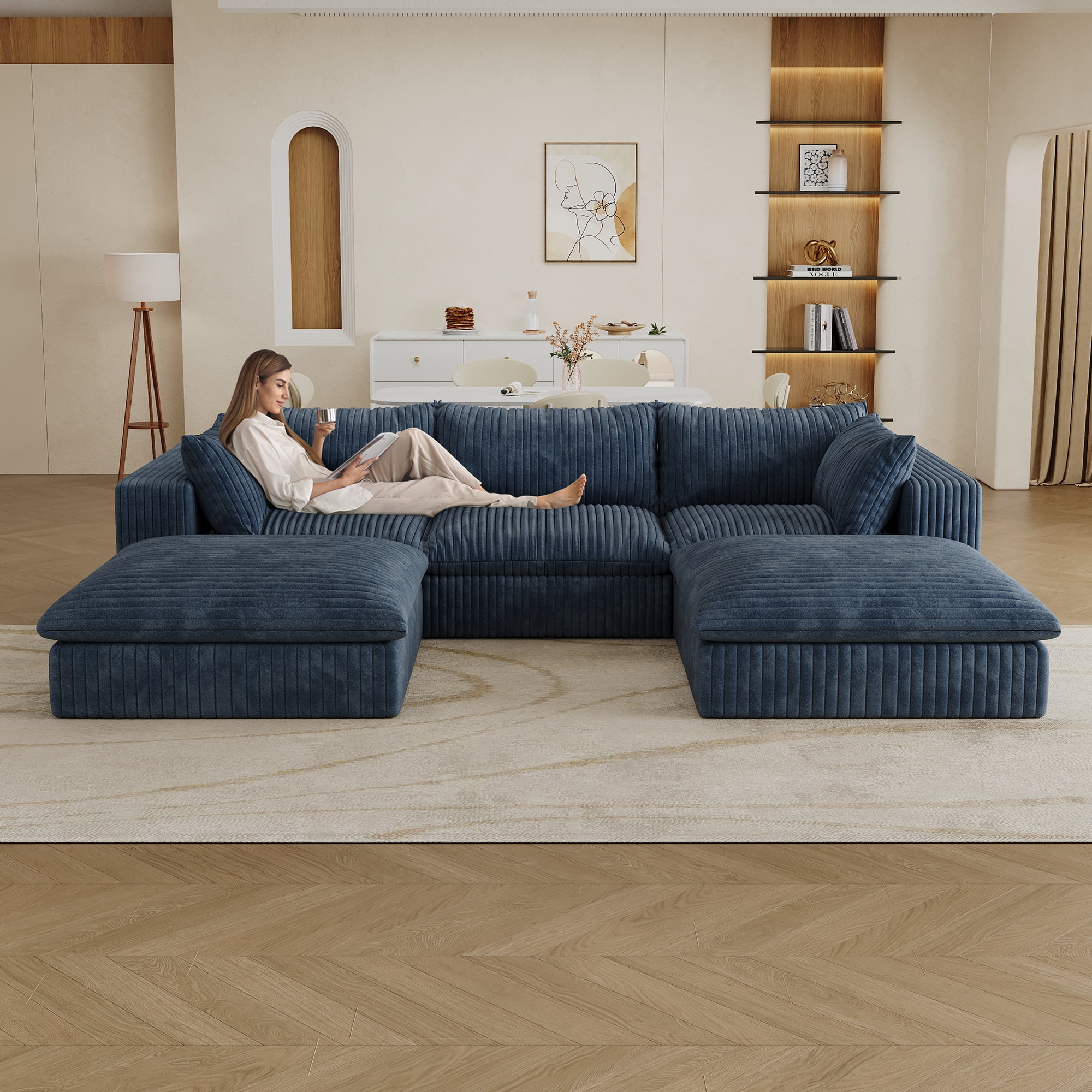 MAYEERTY 118.2" Cloud Sofa Blue Corduroy Fabric Deep Seat Double-Layer Design Removable Cushion No Assembly DIY Combination for Multi-Rooms