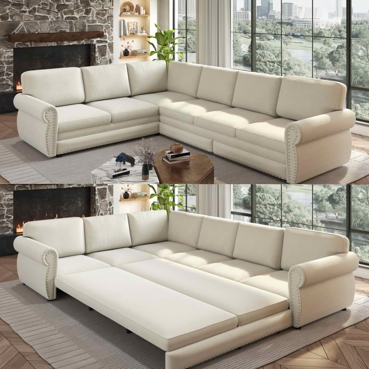 MAYEERTY 118" L‑Shaped Convertible Pull‑Out Sofa Bed, Chenille Sectional Couch with Nailhead Trim & Rolled Arms, Oversized Multifunctional Sleeper Sofa