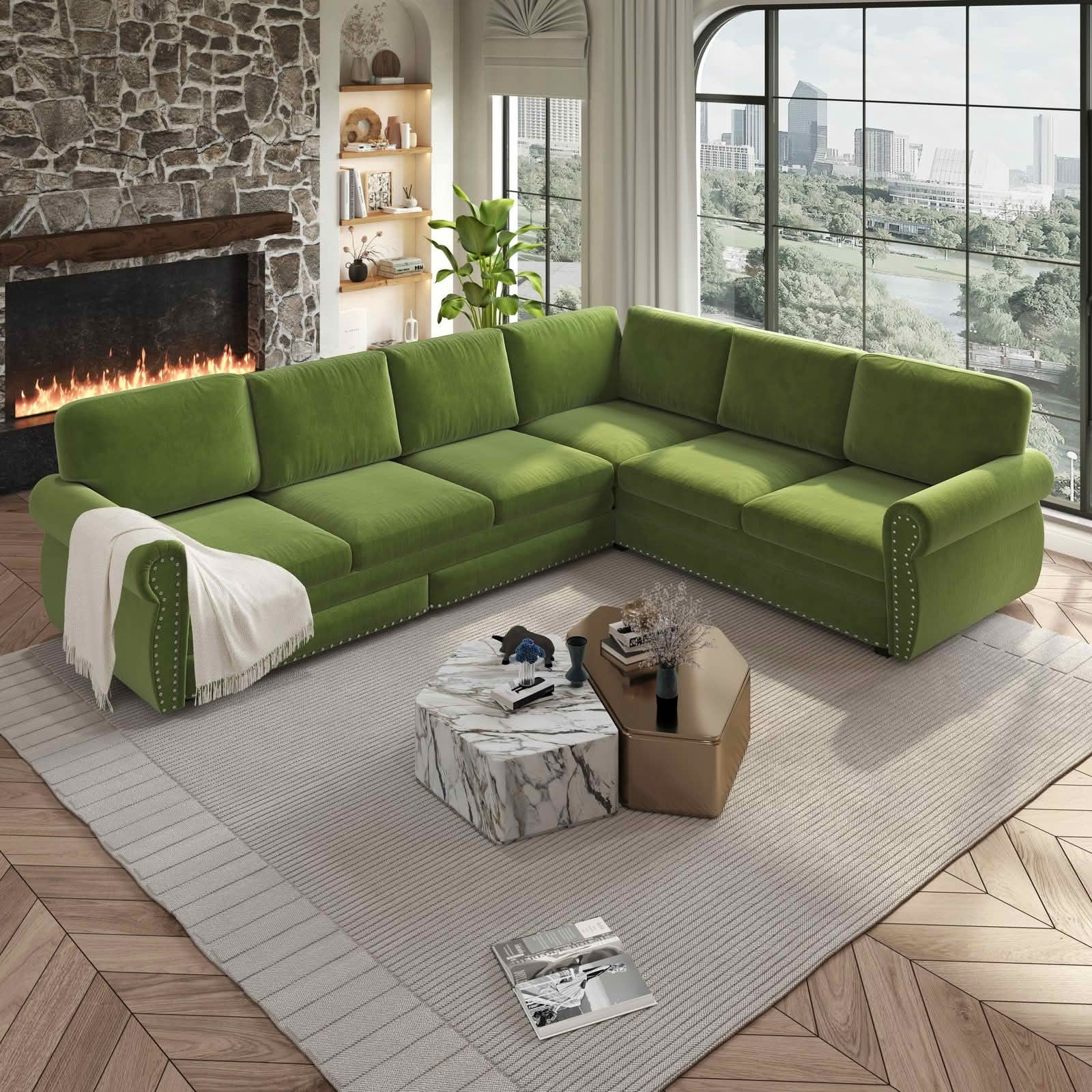 MAYEERTY 118" L‑Shaped Convertible Pull‑Out Sofa Bed, Chenille Sectional Couch with Nailhead Trim & Rolled Arms, Oversized Multifunctional Sleeper Sofa
