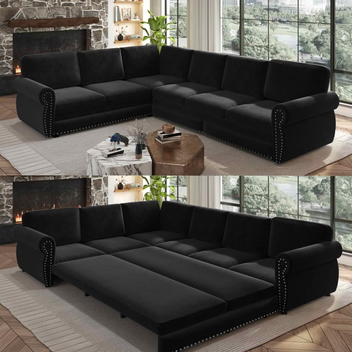 MAYEERTY 118" L‑Shaped Convertible Pull‑Out Sofa Bed, Chenille Sectional Couch with Nailhead Trim & Rolled Arms, Oversized Multifunctional Sleeper Sofa